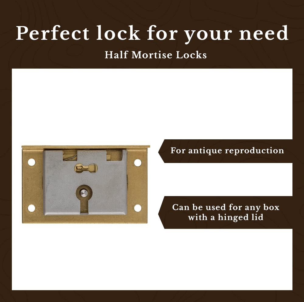 Vintage Medium Brass Half Mortise Chest Lock with Skeleton Key | HL2-SB-1K | Antique Style Security for Jewelry Boxes, Treasure Chests & Cabinets