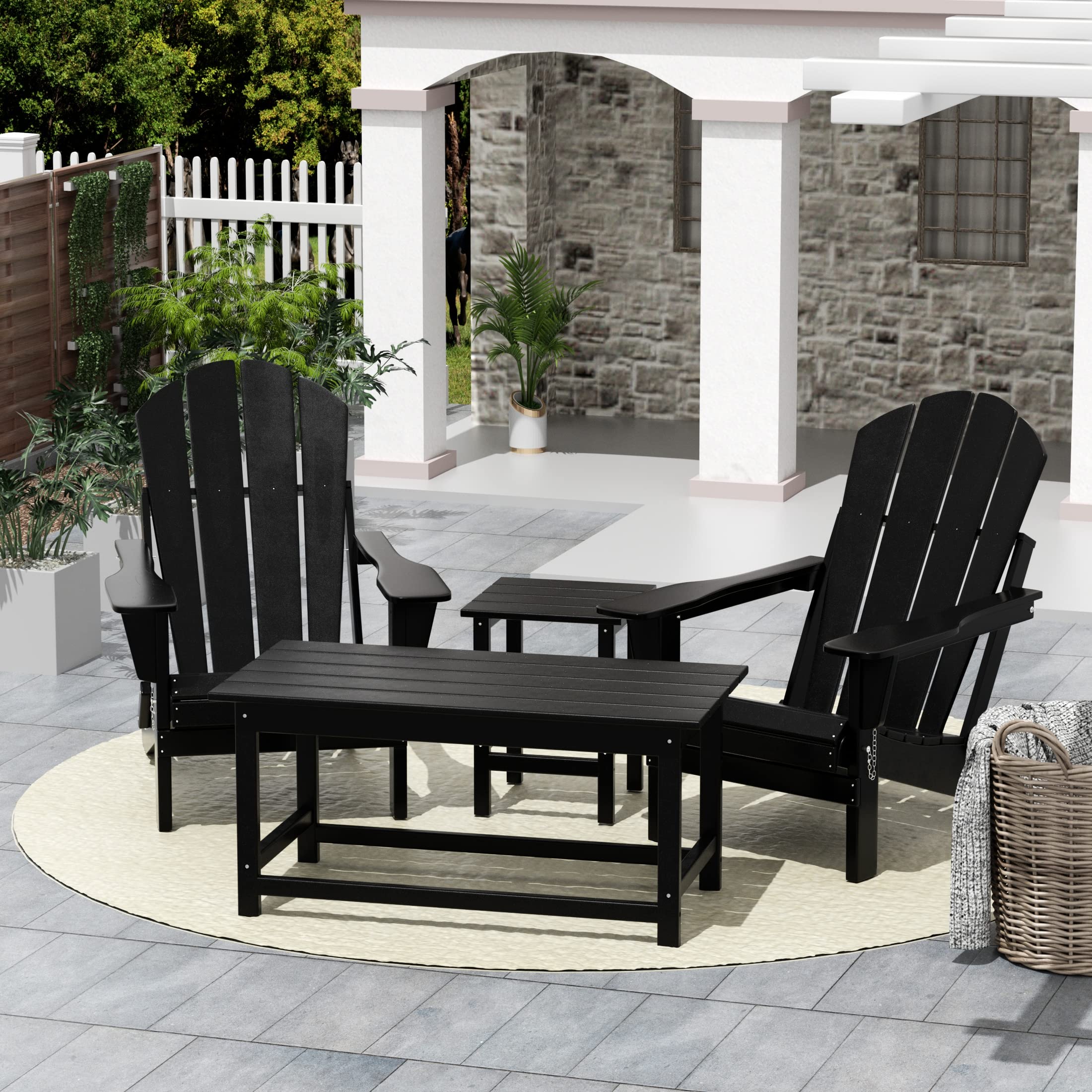 Premium HDPE Adirondack Chair and Table Set - 4-Piece Outdoor Furniture for Patio, Garden, Backyard - Weatherproof & UV Resistant Black Poly Furniture for Relaxing, Entertaining, and Outdoor Dining