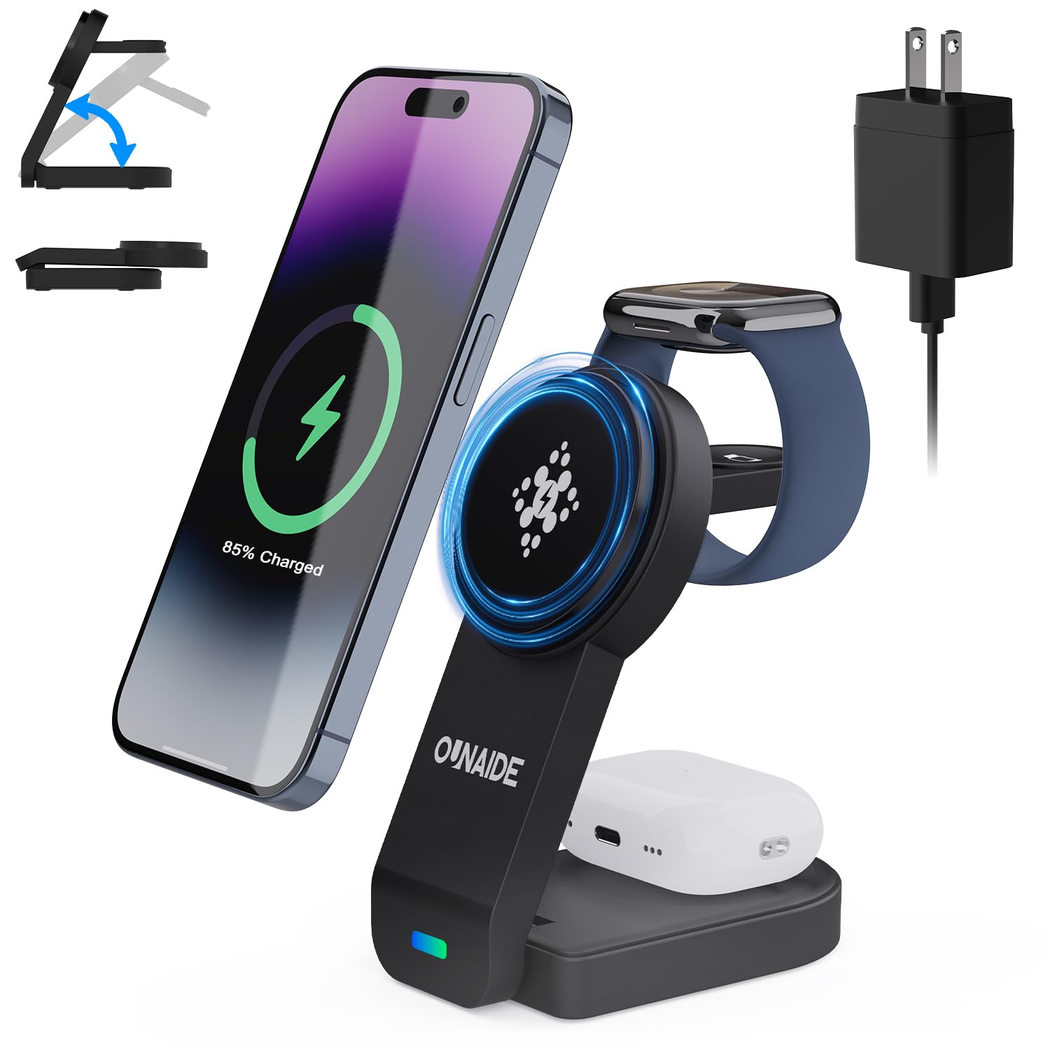 2025 3-in-1 Magnetic Wireless Charging Station - 18W Fast Foldable Charger Stand Compatible with iPhone 16/15/14/13/12 Series, Apple Watch & AirPods | Portable MagSafe Charging Dock for Home, Office & Travel - Black
