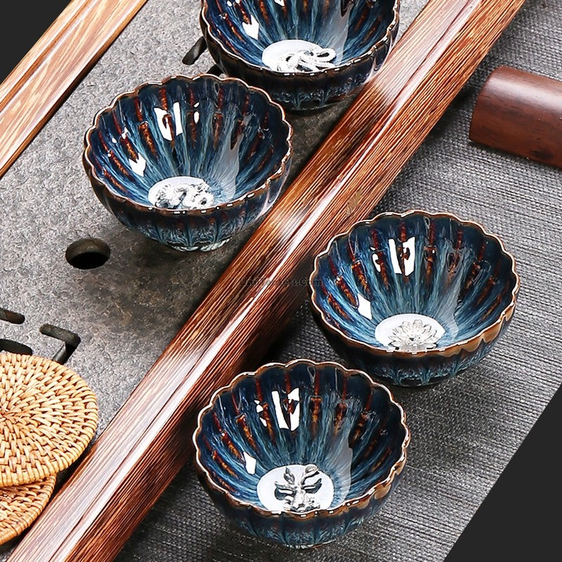 Handmade Jianzhan Blue Glaze Gongfu Tea Cup - Authentic Japanese Style Ceramic Teacup with Sterling Silver Rim - Perfect for Matcha, Green Tea, and Tea Ceremonies