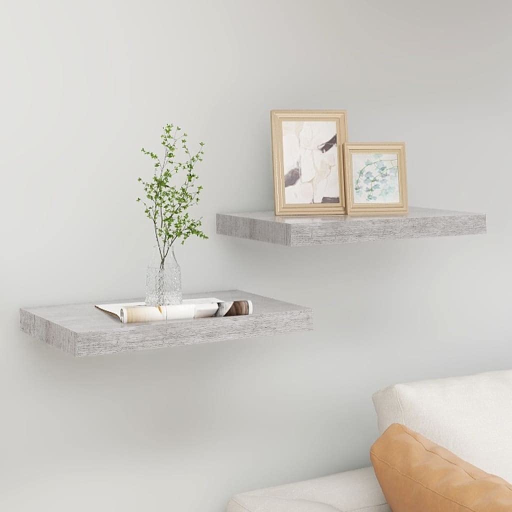Floating Wall Shelves Set of 2 - Modern Concrete Gray MDF Display Shelves 15.7