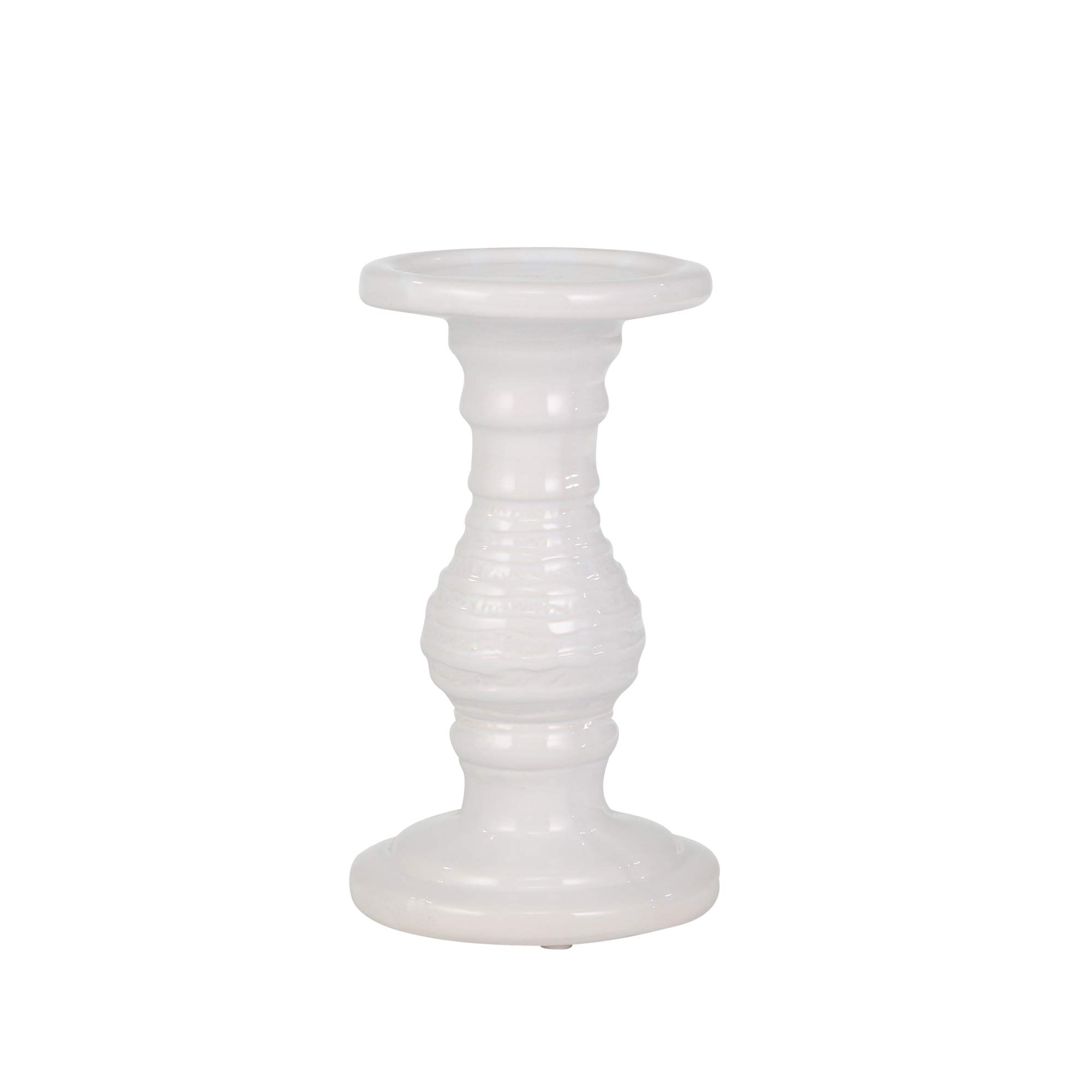 Sagebrook Home 8-Inch White Stripe Ceramic Candle Holder - Elegant Home Decor for Living Room, Bedroom & Dining Table Centerpiece