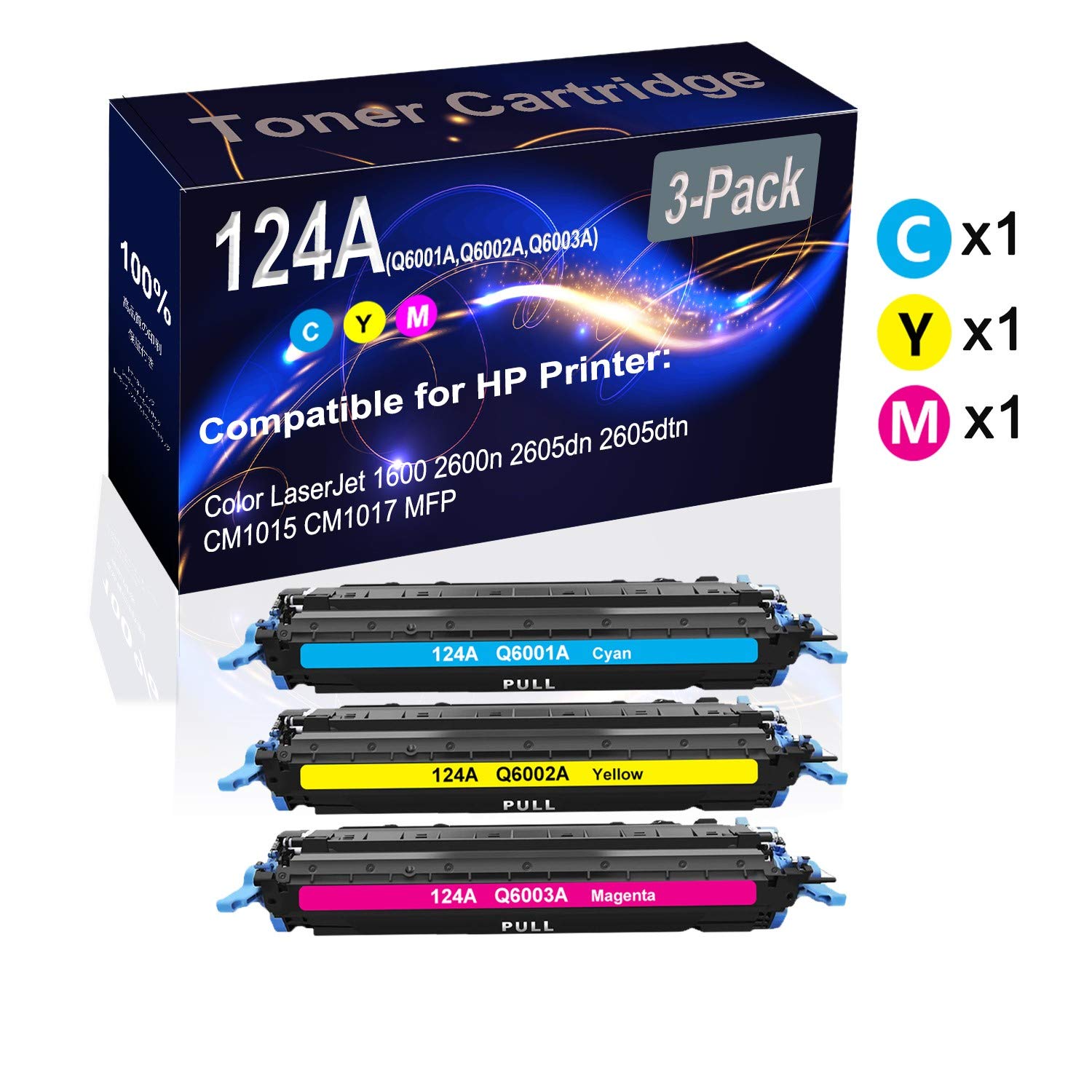 3-Pack (Cyan+Yellow+Magenta) High-Capacity Compatible Laser Toner Cartridge for HP 124A (Q6001A/Q6002A/Q6003A) - Replacement for HP LaserJet 1600/2600n/2605dn/2605dtn/CM1015/CM1017 MFP Printers | Office & Home Printing, Business Documents, School Projects
