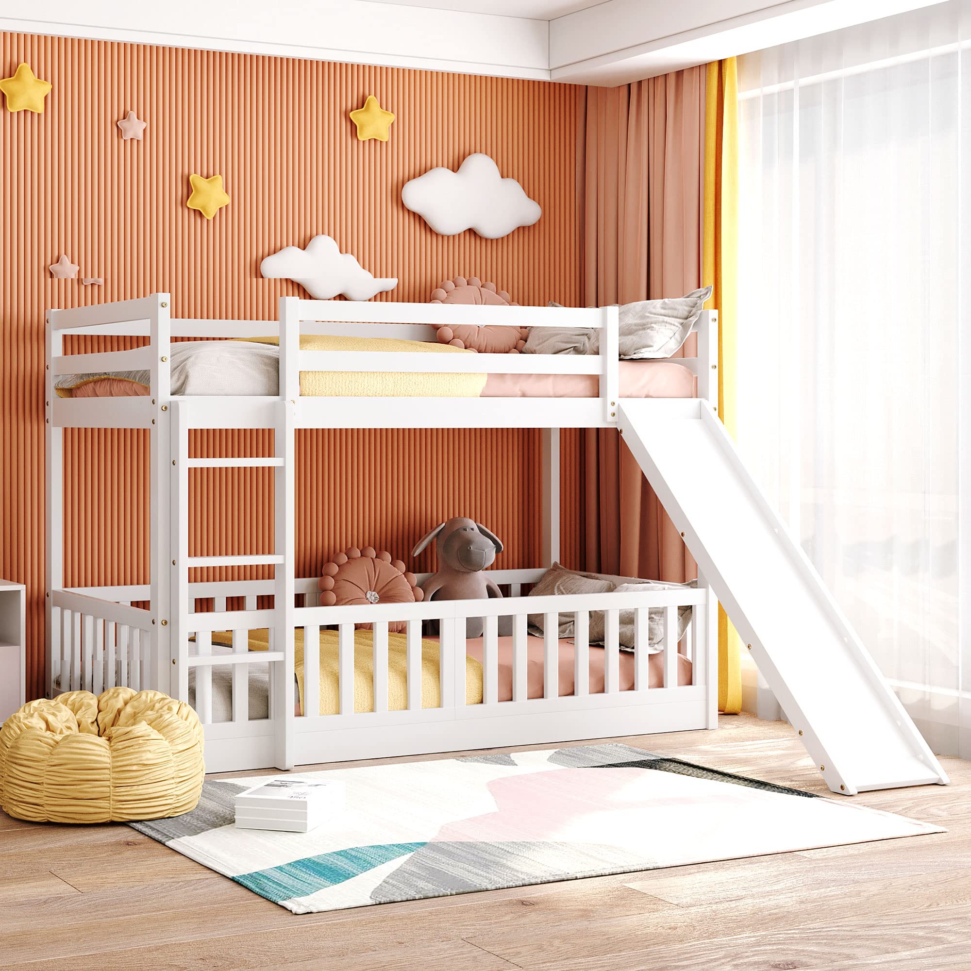 SOFTSEA Twin Over Twin Low Bunk Bed with Slide - Kids Wooden Bunk Bed with Safety Fence, Floor Bottom Bed & Wood Slats | Perfect for Small Rooms, Shared Kids Bedrooms & Play Areas