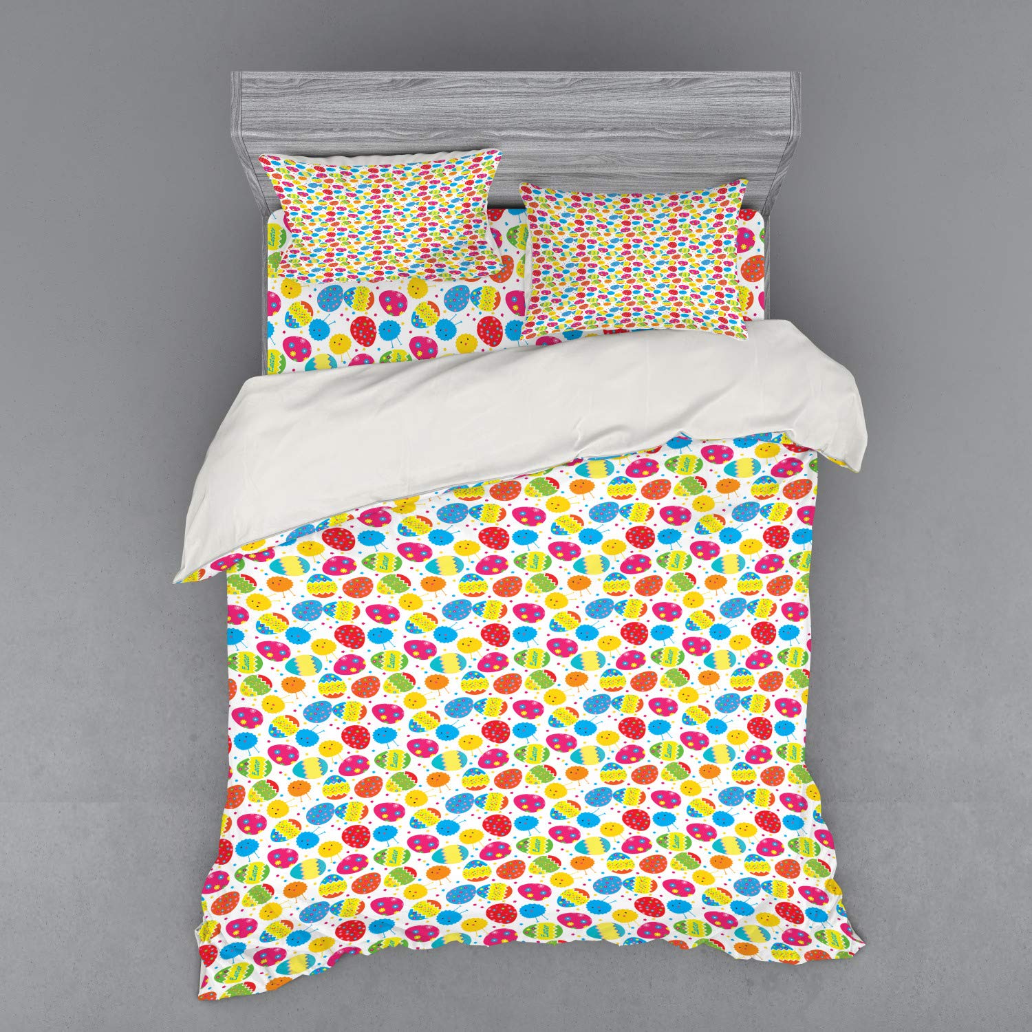 Ambesonne Easter Duvet Cover Set - Cartoon Chickens & Colorful Eggs with Daisy Blossoms Design, 3-Piece Queen Size Bedding Set with Sham & Fitted Sheet | Perfect for Spring Decor, Kids' Room, and Easter Themed Bedrooms