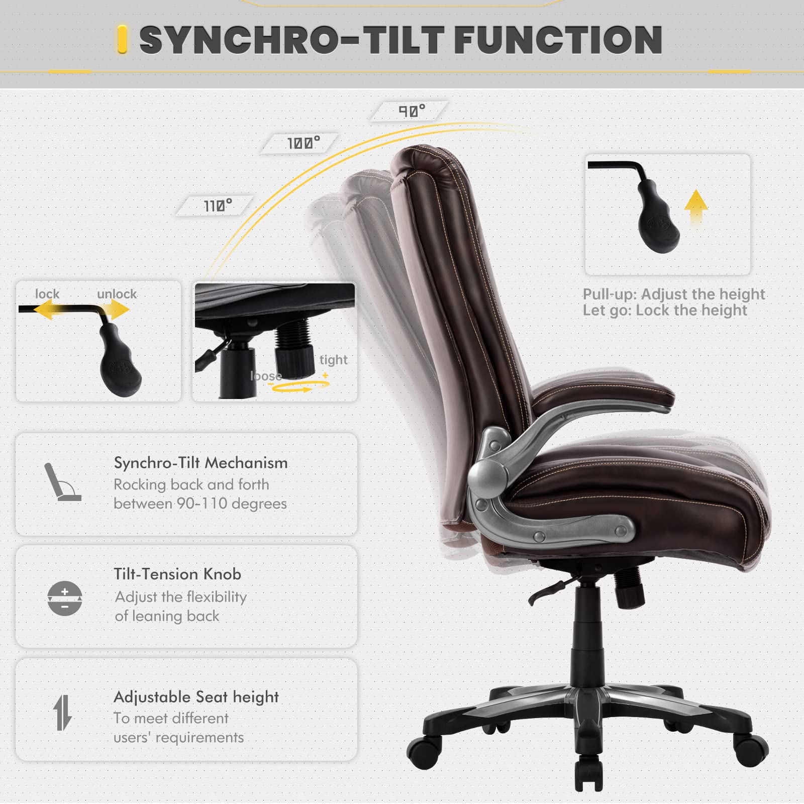 COLAMY Big and Tall Office Chair 400lbs - Heavy Duty High Back Executive Desk Chair with Flip-Up Arms & Wide Seat - Ergonomic Computer Chair for Home Office (Brown) - Perfect for Long Work Hours & Large Individuals
