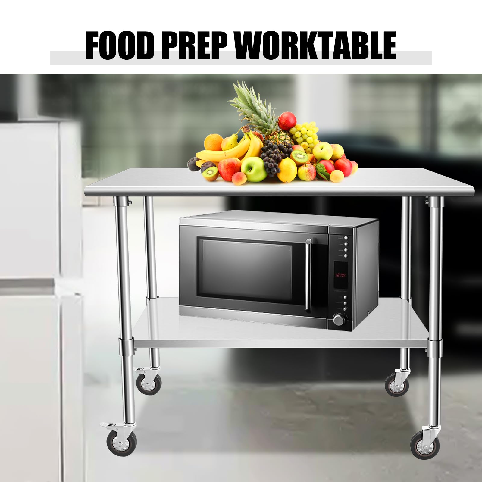 Stainless Steel Work Table with Casters - Heavy Duty Kitchen Prep Table for Restaurant, Home, and Hotel Use - Small Kitchen Table with Stainless Steel Shelves for Food Prep, Baking, and Catering