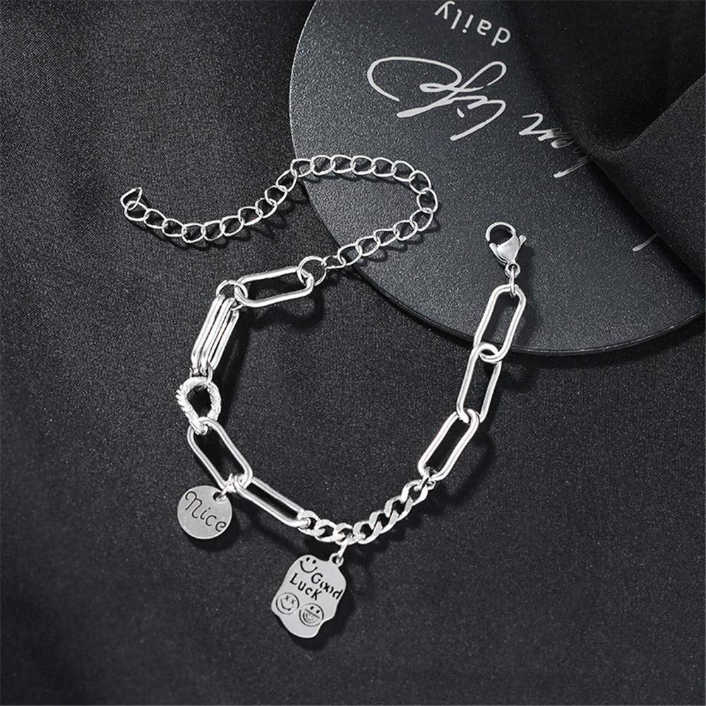 Stylish Silver Paperclip Bracelets for Women - Adjustable Stainless Steel Cuban Link Chain with Engravable Good Luck Charms & Smiley Face Pendants - Perfect Gift for Mom, Friends & Everyday Wear (Office, Party, Casual Outfits)
