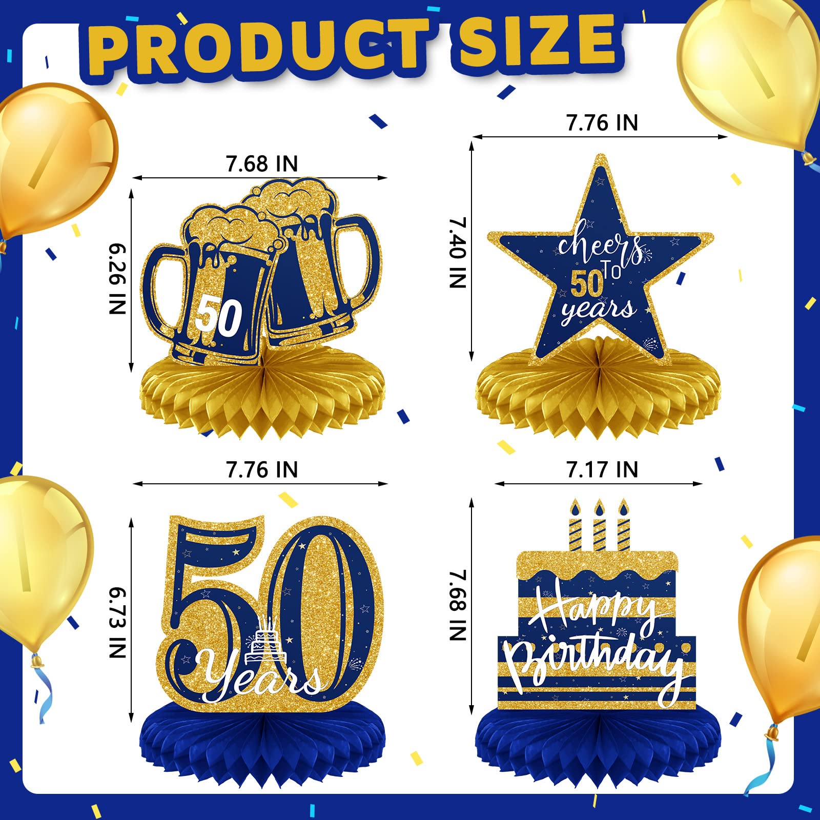 8-Piece 50th Birthday Party Decor Set - Glitter Blue & Gold Honeycomb Centerpieces for Tables - Golden Anniversary Decorations for Men & Women - Perfect for Milestone Celebrations, Retirement Parties & Anniversary Events