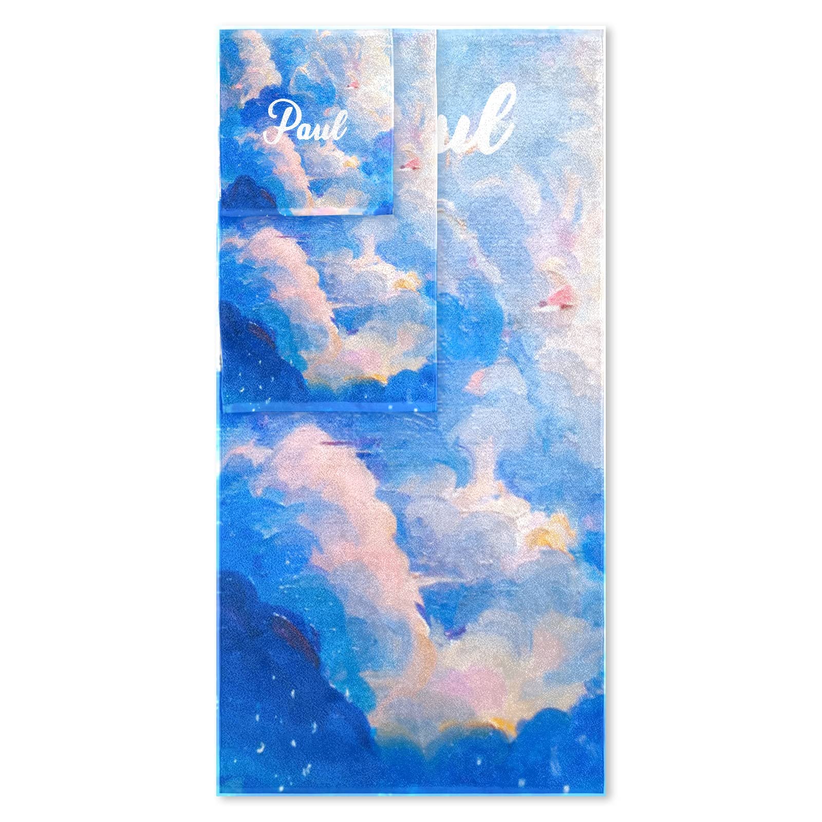 Custom Personalized Blue Sky Beach Towel Set of 3 with Name - Quick Dry Multipurpose Towels (1 Bath + 1 Hand + 1 Washcloth) for Bathroom Decor, Sun Protection & Poolside Relaxation