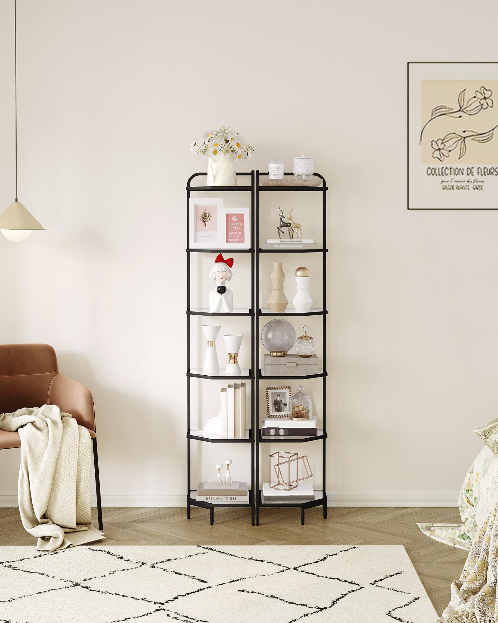 6-Tier Black Corner Shelf Stand - Modern Steel Frame & Tempered Glass Bookcase for Living Room, Bathroom, Kitchen | Space-Saving Organizer for Books, Plants, Bath Essentials & Decor | Perfect for Small Spaces & Home Organization
