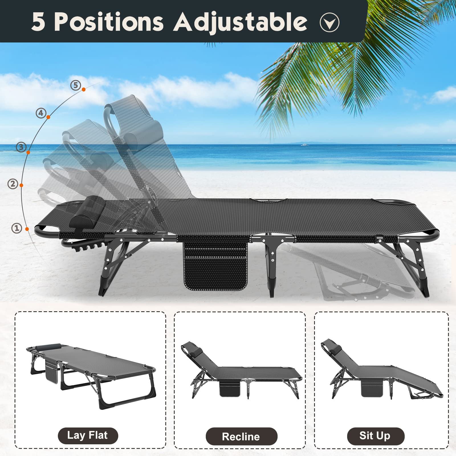 MOPHOTO 5-Position Folding Lounge Chair - Portable Outdoor Chaise Lounge for Sunbathing, Pool, Beach & Patio | Lightweight & Adjustable for Camping, Backyard Relaxation & Travel