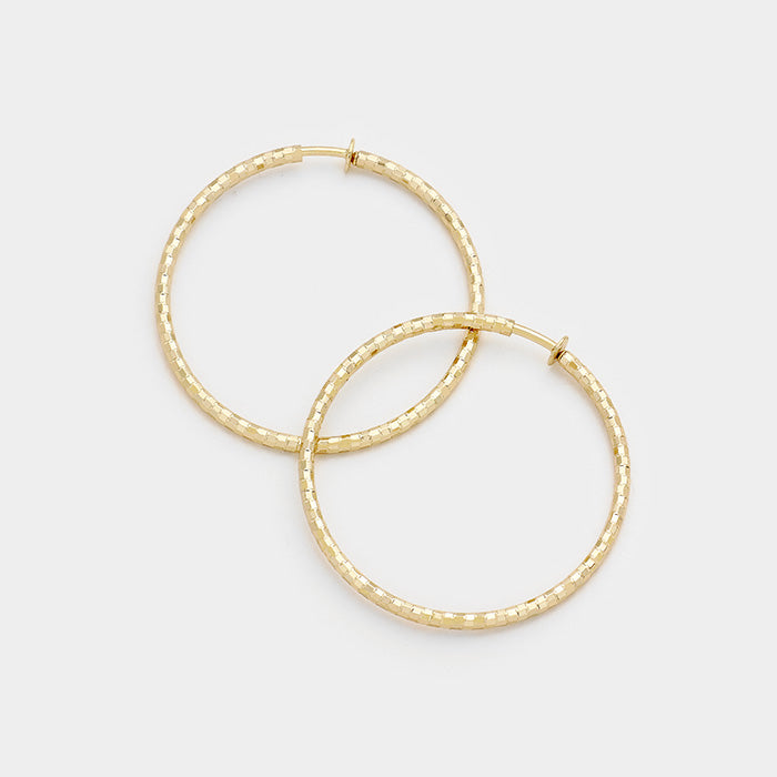 Hypoallergenic Textured Gold Metal Clip Hoop Earrings 1.75