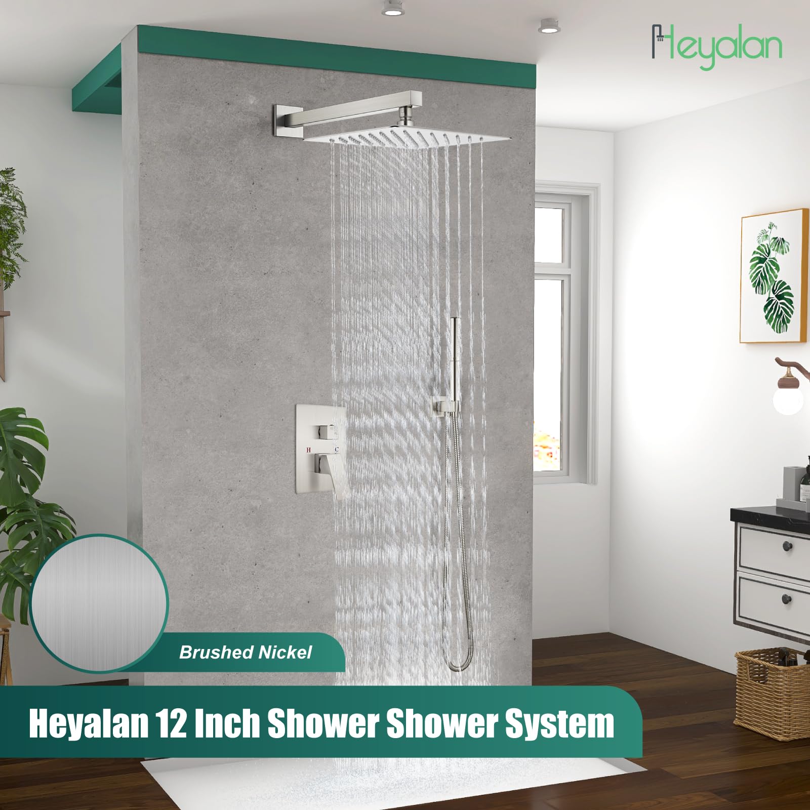 Premium 12 Inch Square Rain Shower System - 2 in 1 Wall Mount Shower Head with Handheld Sprayer, High Pressure Rainfall Shower Faucet Set in Brushed Nickel - Perfect for Modern Bathroom Renovation & Spa-Like Shower Experience