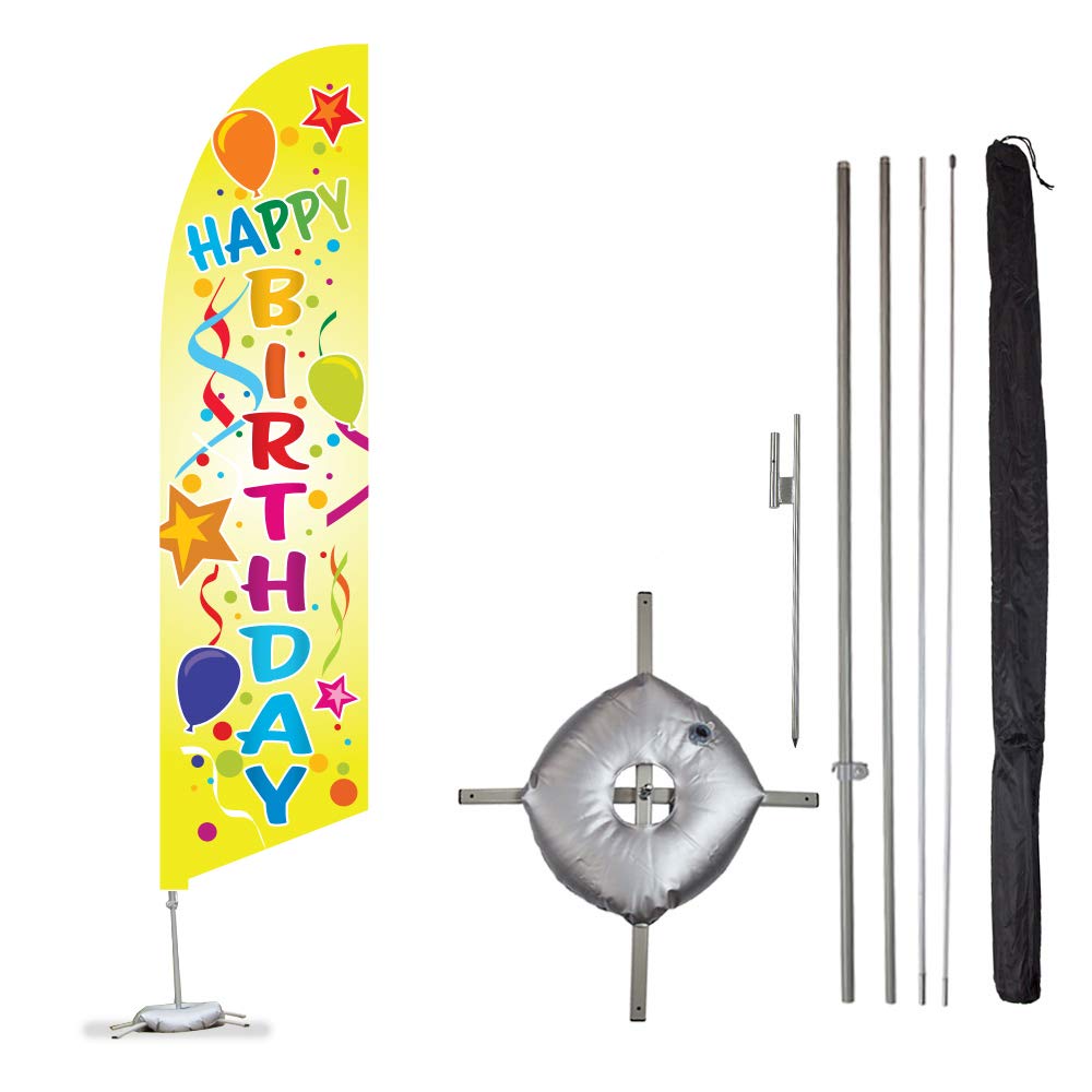 Vispronet Happy Birthday Feather Flag Kit – 13.5ft Tall Pole Set with Ground Stake, Cross Base, Weight Bag & Pole Sleeve – Perfect for Birthday Parties, Outdoor Celebrations & Event Decorations – Made in USA – Ideal for Backyard Parties, Park Events & Venue Decorations