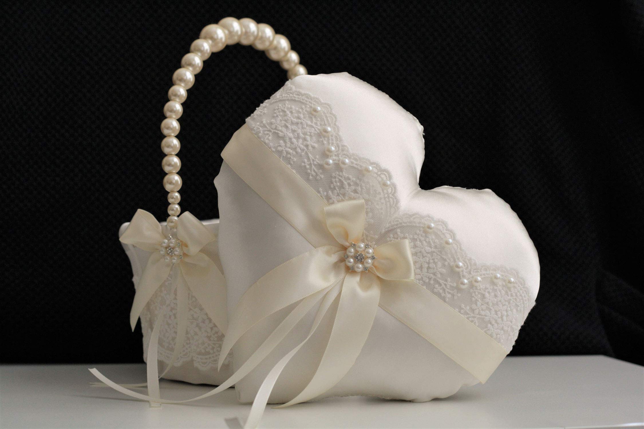 Ivory Ring Bearer Pillow and Flower Girl Basket Set - Heart Ring Pillow with Lace Wedding Basket & Pearl Handle - Perfect for Wedding Ceremonies, Bridal Showers, and Romantic Proposals