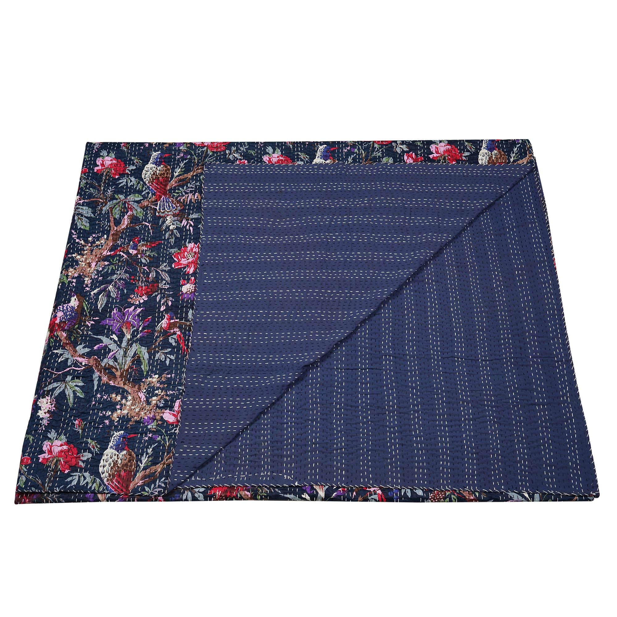 Marubhumi Indian Handmade Stitched Pure Cotton Bohemian Bird Print Kantha Quilt - Navy Blue Twin Size 60x90 Inches - Lightweight Summer Bedspread, Boho Chic Home Decor, Guest Room Cover