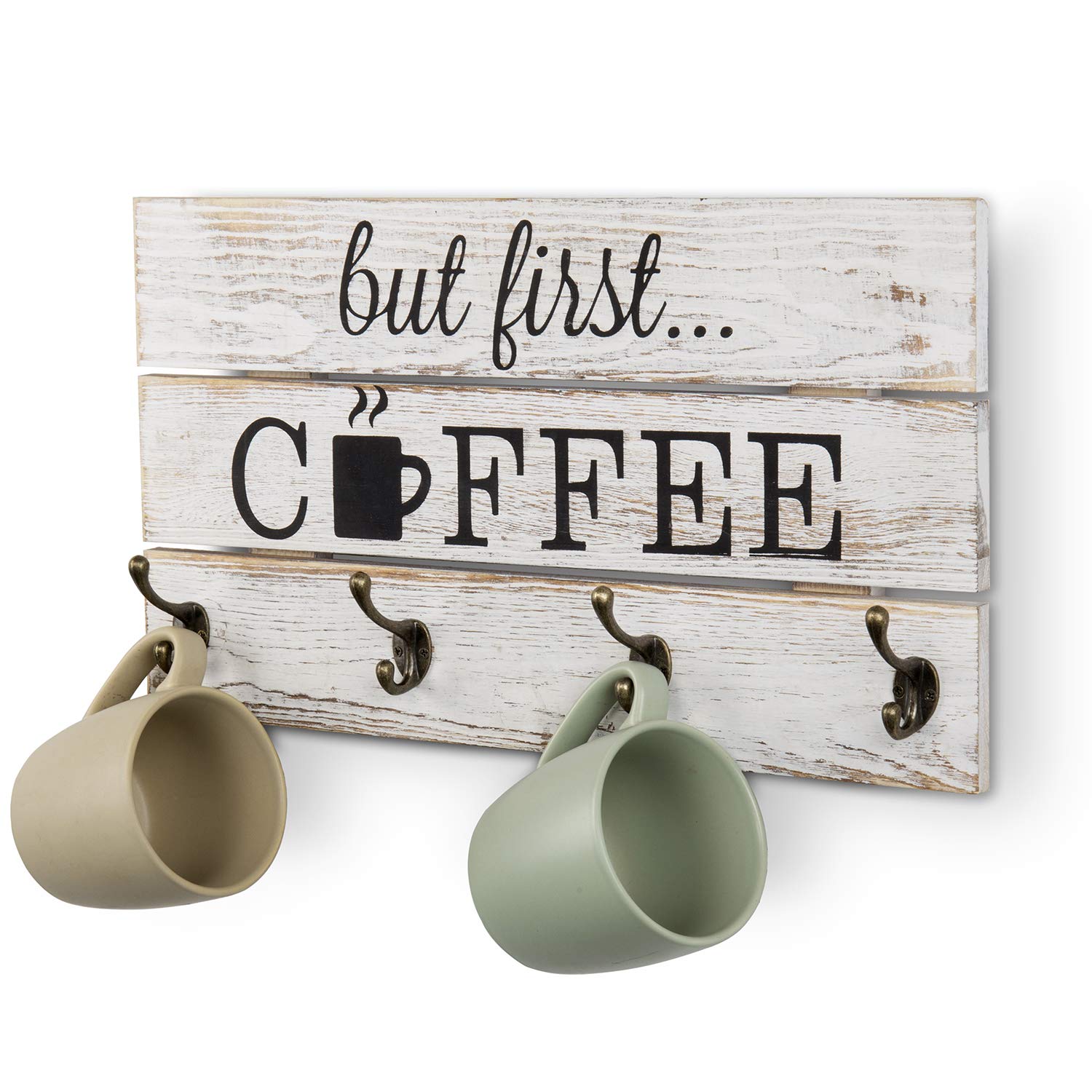 MyGift 8-Hook Wall Mounted Mug Rack - Whitewashed Solid Wood Coffee Bar Organizer with 