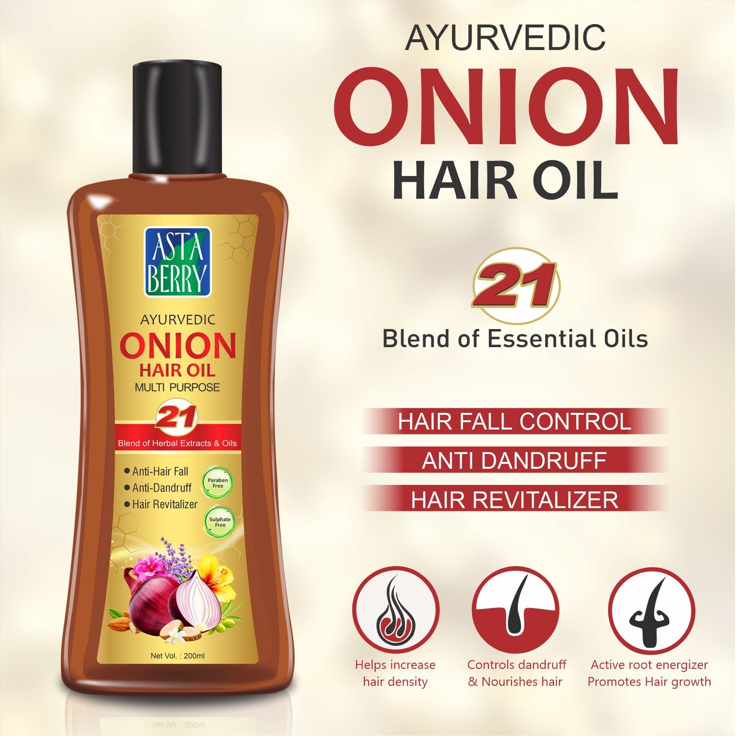 ASTABERRY Onion Hair Oil for Hair Growth & Thickness - 200ml Natural Hair Treatment with 21 Herbal Extracts | Anti-Hair Fall, Anti-Dandruff & Scalp Revitalizer | Promotes Stronger Roots & Healthy Hair | Perfect for Daily Hair Care, Styling & Damaged Hair Repair