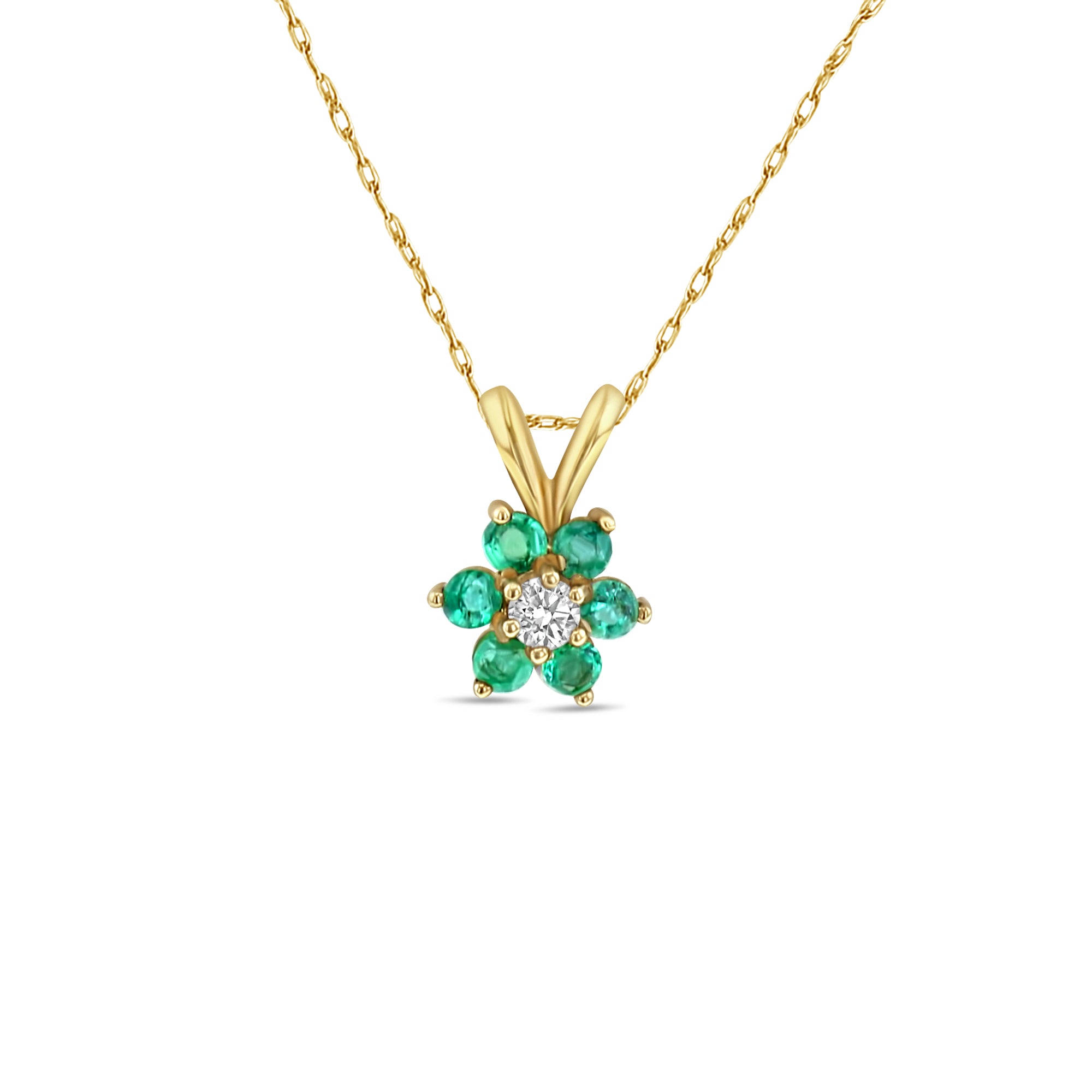 14K Yellow Gold Flower Shaped Emerald Cluster Necklace .40cttw - Elegant Jewelry for Weddings, Anniversaries & Special Occasions