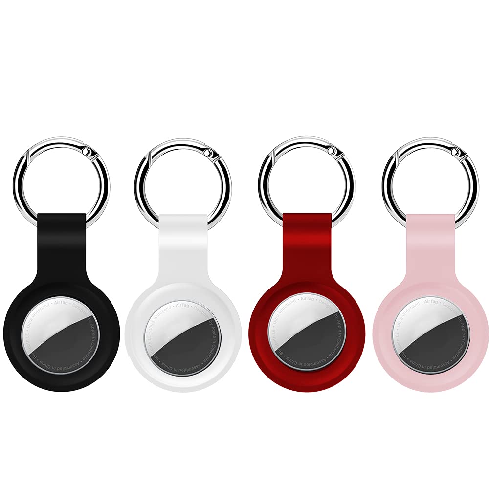 4 Pack Keychain Holder for Apple AirTag 2021 - Airtag Case & Dog Collar Accessories (Black/White/Red/Pink) | Secure Tracking for Keys, Bags & Pets | Perfect for Travel, Hiking & Daily Use