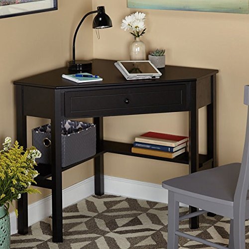 Simple Living Black Wood Corner Computer Desk with Drawer - Compact Home Office Desk for Small Spaces, Study & Workstation - Ergonomic Writing Table for Laptop, PC & Gaming Setup