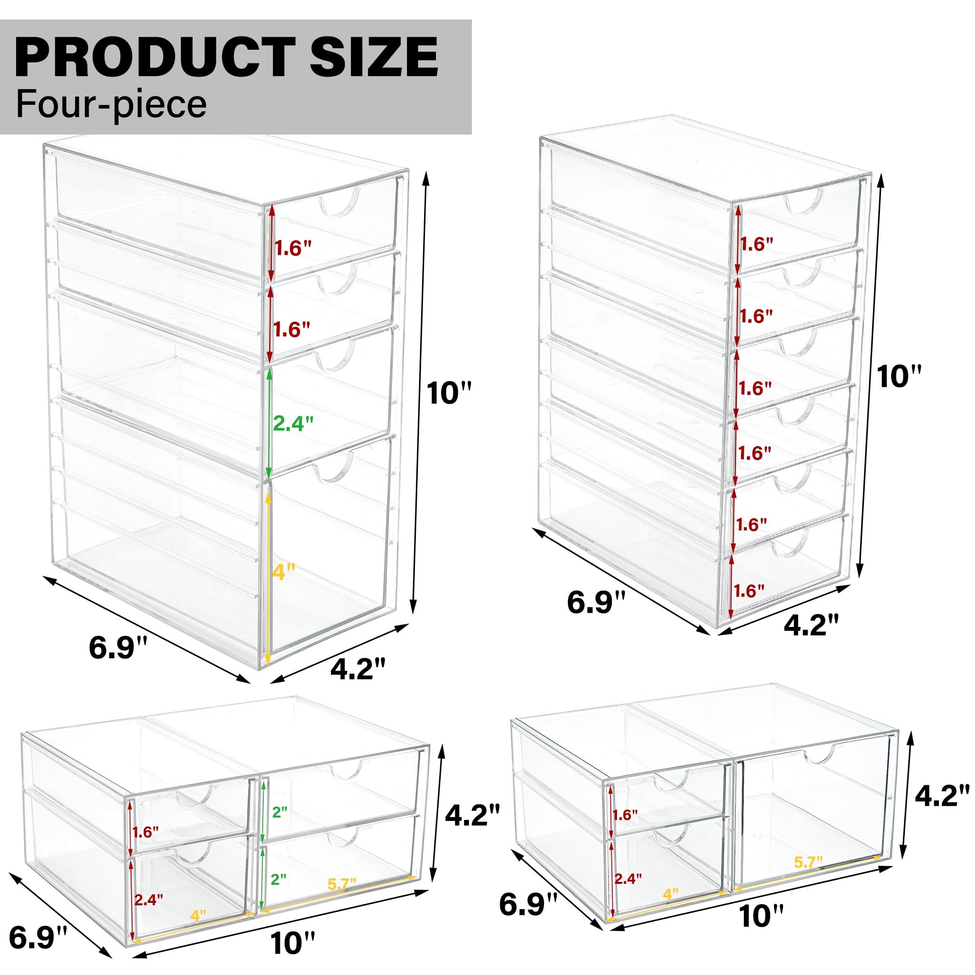 17-Drawer Acrylic Stackable Storage Organizer Set of 4 - Clear Desk Drawers for Makeup, Jewelry, Art Supplies & Office Accessories - Perfect for Vanity Countertop, Craft Room & Home Organization