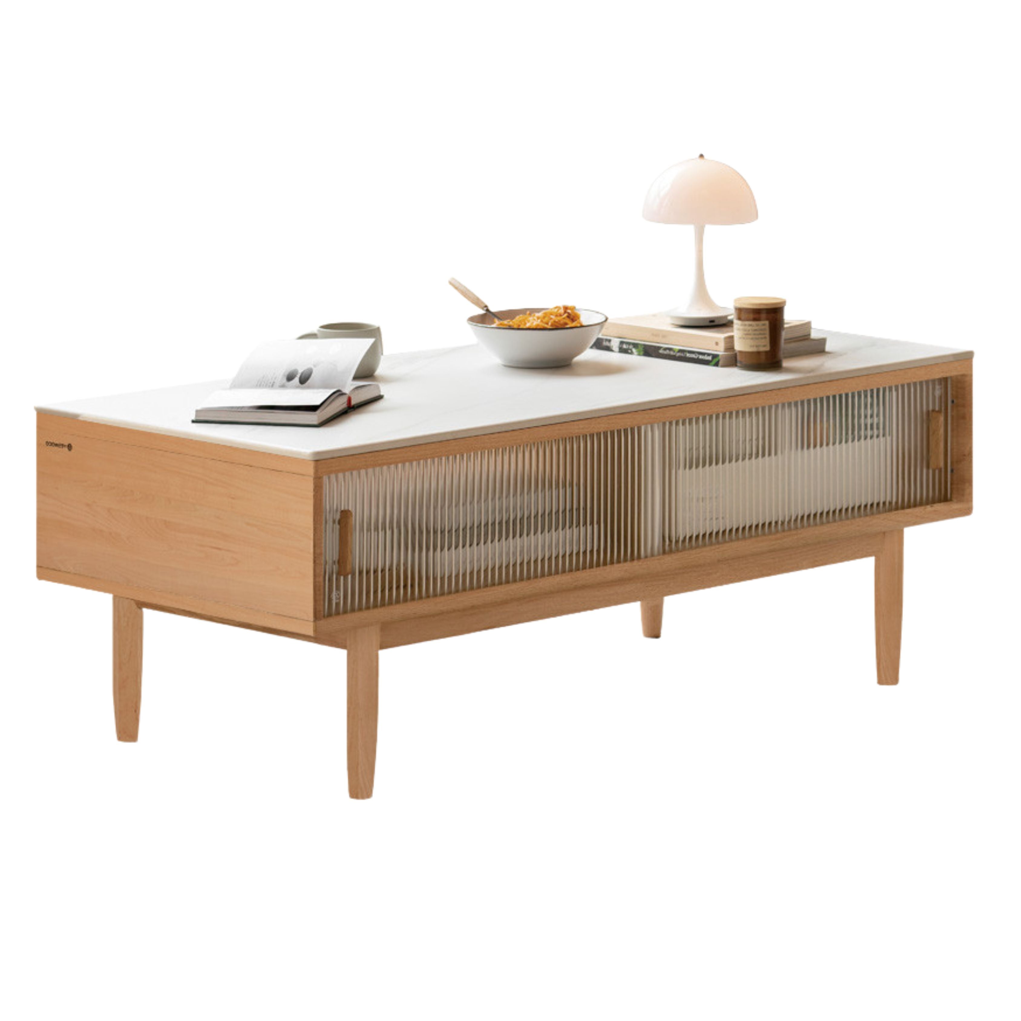Solid Oak and Beech Wood Coffee Table with Glass Doors - Modern Living Room Furniture for Home Decor and Entertainment