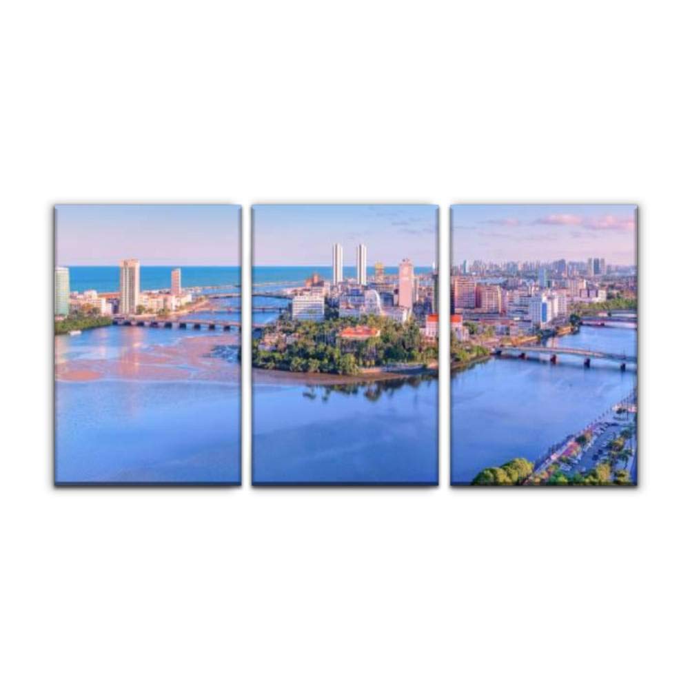 Stunning Aerial View Canvas Art - Recife Brazil Cityscape with Ocean & Bridge - Modern Printed Oil Painting Wall Decor (16x24 Inch, Set of 3) - Perfect for Living Room, Bedroom or Office Decor