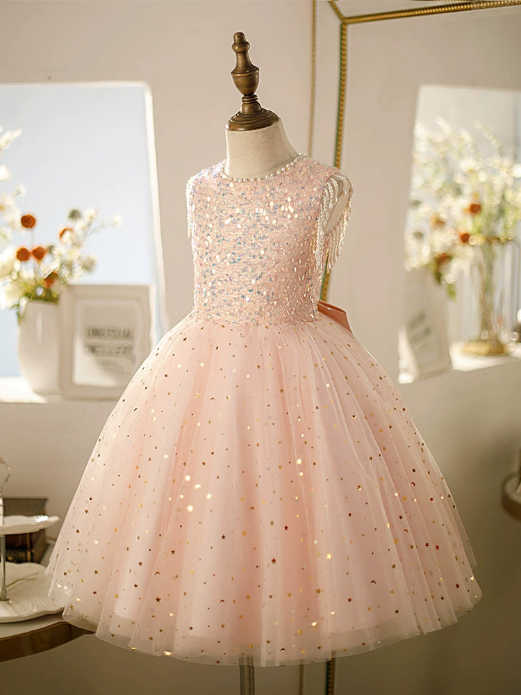 Pink A-Line Round Neck Tea-Length Tulle Flower Girl Dress - Perfect for Weddings, Parties & Special Occasions