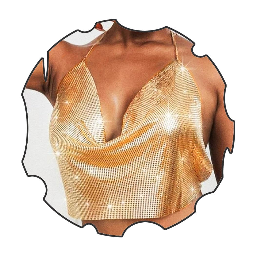 Sexy Gold Sequins Deep V Tank Top with Adjustable Chest Chain - Sparkly Crystal Bikini Party Top for Women & Girls | Nightclub Outfit, Festival Wear, Bachelorette Party