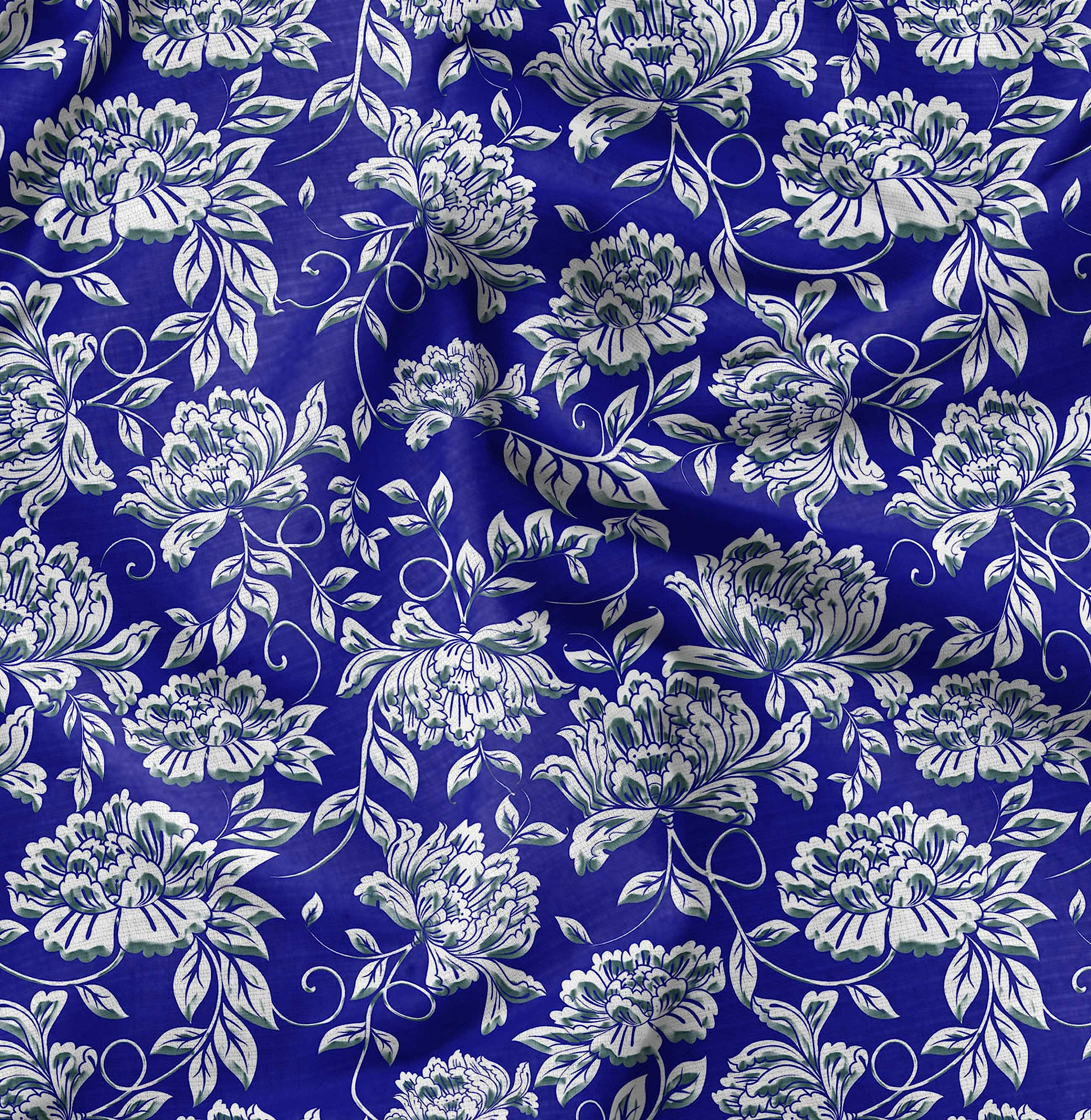 Soimoi Moss Georgette Blue Fabric by The Yard - 42 Inch Wide Printed Fabric with Artistic Leaf & Floral Design for Dresses, Curtains, DIY Crafts - Elegant and Trendy Home Decor & Fashion Material