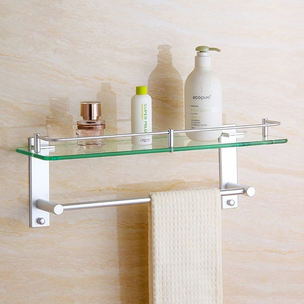 Wall-Mounted Aluminum Bathroom Shelf with Tempered Glass - Space Saving Storage Organizer for Shower, Toiletries & Cosmetics - Includes Rail Fixings (Square Design) - Perfect for Small Bathrooms, Apartments & Vanity Organization