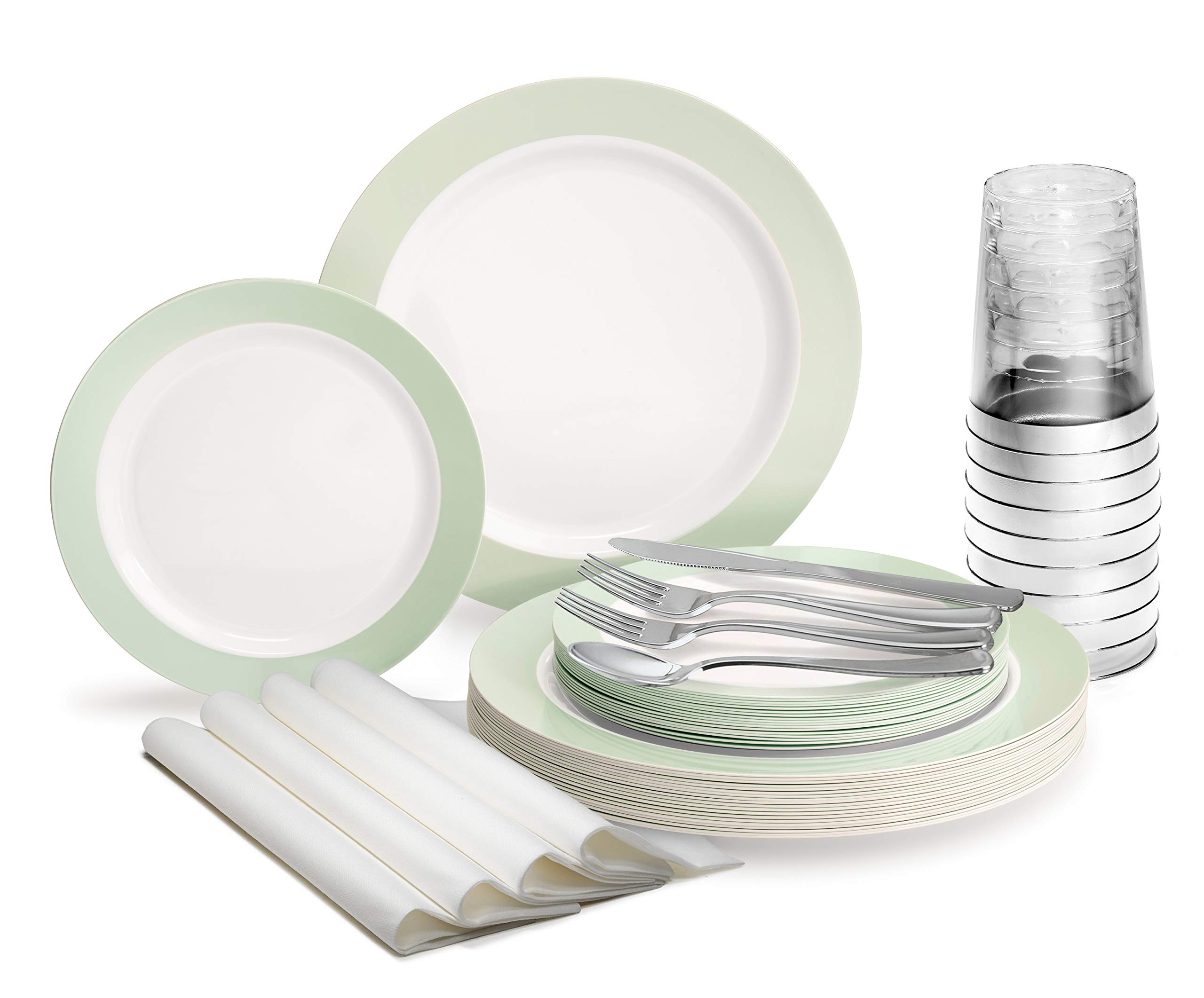 640-Piece Disposable Plastic Plate Set for 80 Guests - 10.5'' & 7.5'' Plates, Silverware, Cups & Napkins - Rio White & Pearled Green - Perfect for Weddings, Parties & Events
