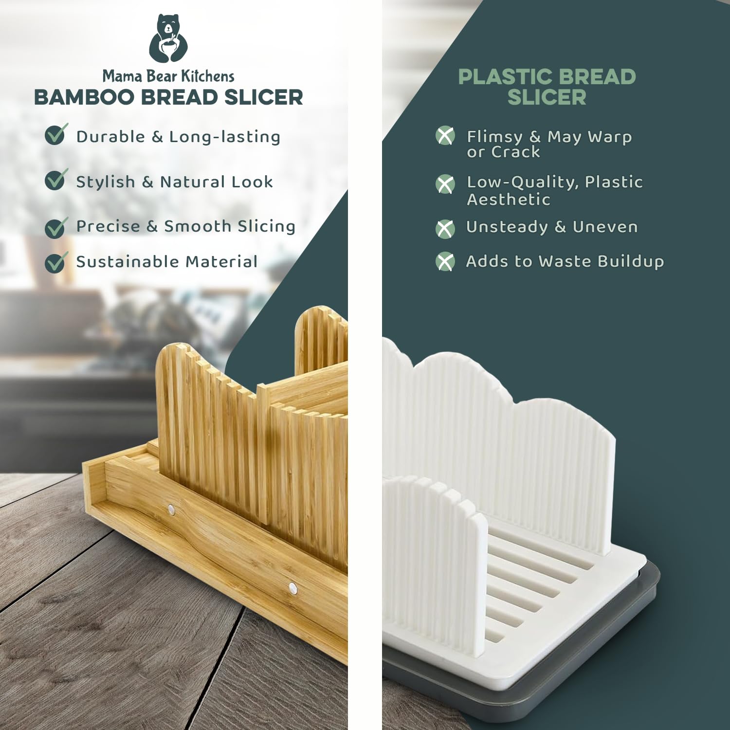 Premium Bamboo Bread Slicer with Stainless Steel Knife - Adjustable Durable Loaf Cutter Guide with Crumb Tray - Foldable, Easy to Clean & Store - Perfect for Homemade Bread, Sandwiches & Toast Preparation