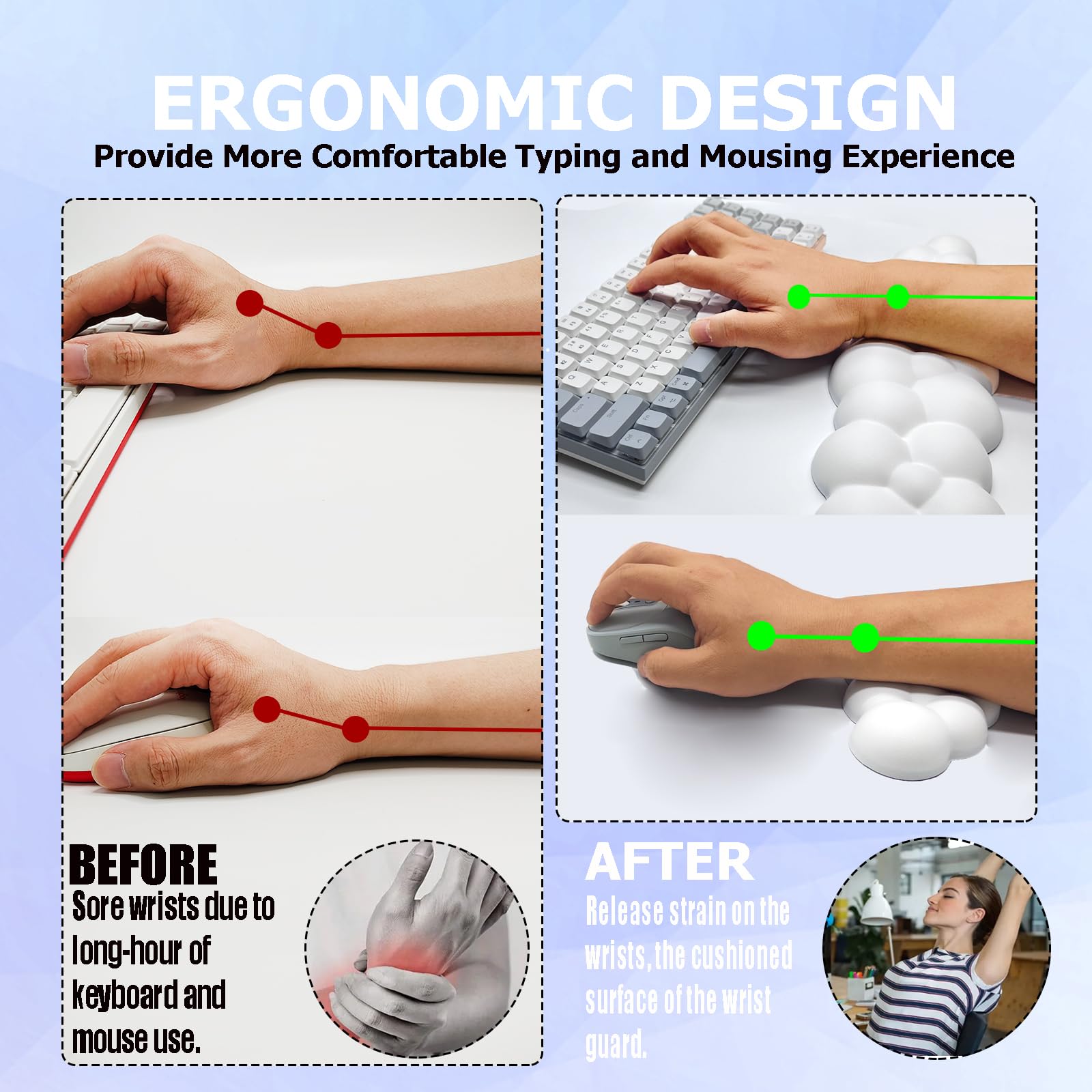 Ergonomic Keyboard Wrist Rest with PU Leather & Memory Foam - Cloud Comfort for Gaming, Office, Home, Laptop, Typing Pain Relief, White - Perfect for Long Hours of Work and Play