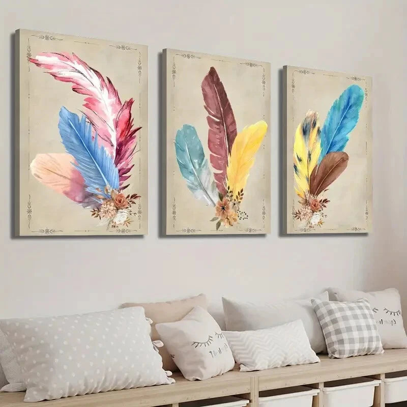 3-Piece Abstract Colorful Vintage Feather Wall Art Set - Framed Canvas 40x60cm | High Quality Print | 100% Australian Made | Ready to Hang | Perfect for Living Room, Bedroom & Office Decor