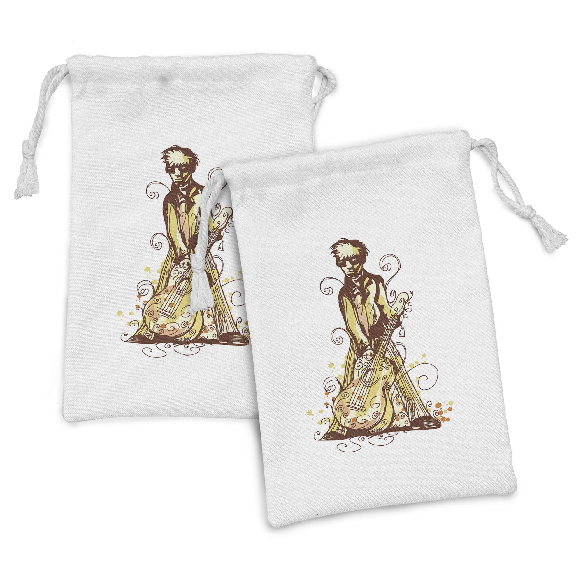 Ambesonne Set of 2 Music-Themed Drawstring Fabric Pouches - Floral Musician Design with Artistic Swirls & Strokes, 9