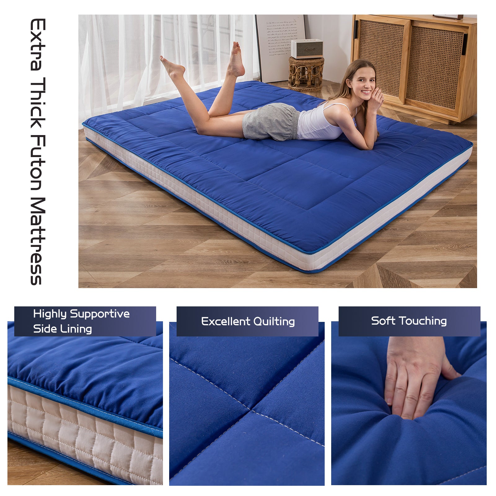 MAXYOYO Extra Thick Japanese Floor Futon Mattress - Royal Blue Foldable Sleeping Pad for Bedroom, Guest Room & Travel | Comfortable Floor Bed for Adults & Kids