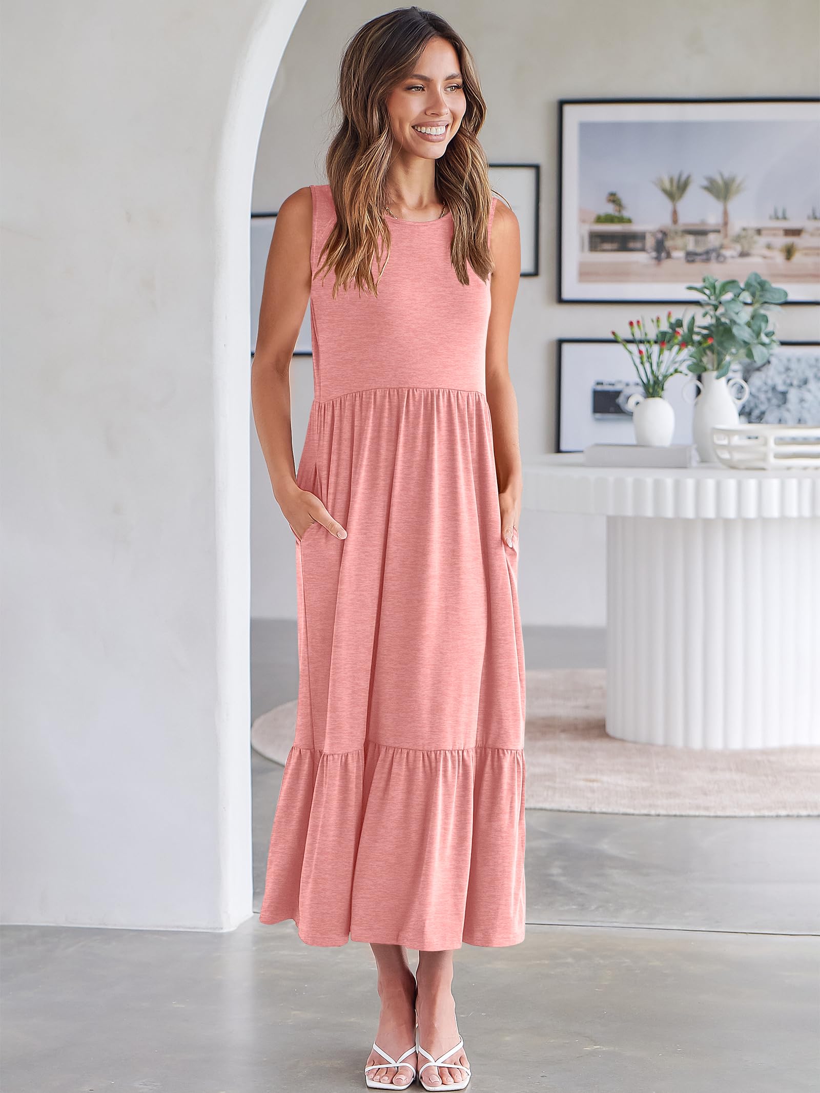 ANRABESS Women's Summer Sleeveless Crewneck Sundress - Flowy A-Line Tiered Maxi Beach Dress for Vacation, Casual Wear & Outdoor Activities