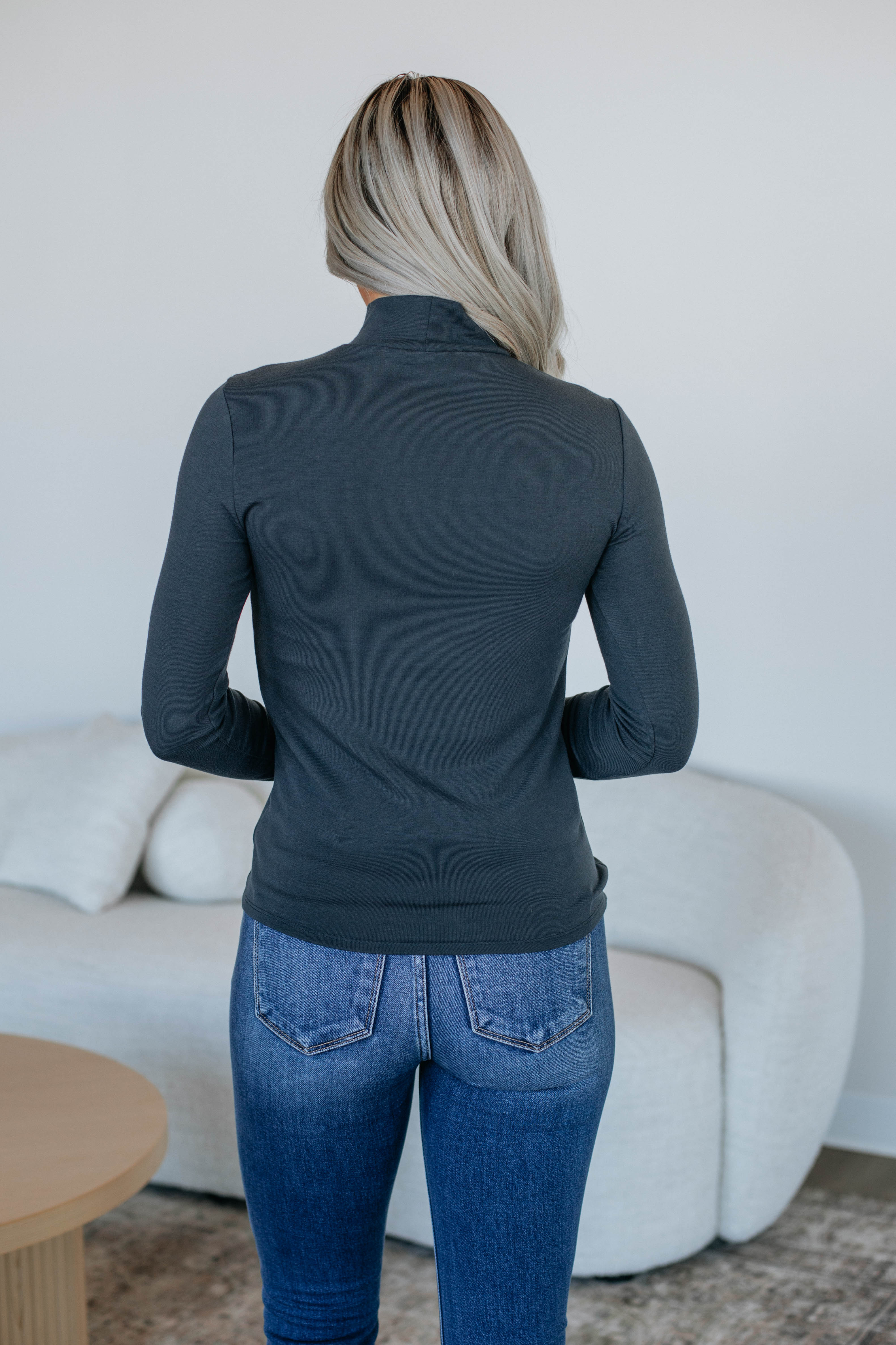 Evelina Mock Neck Long Sleeve Tops for Women - Midnight Blue Casual Blouse for Work & Date Night | Office Wear & Evening Outfits