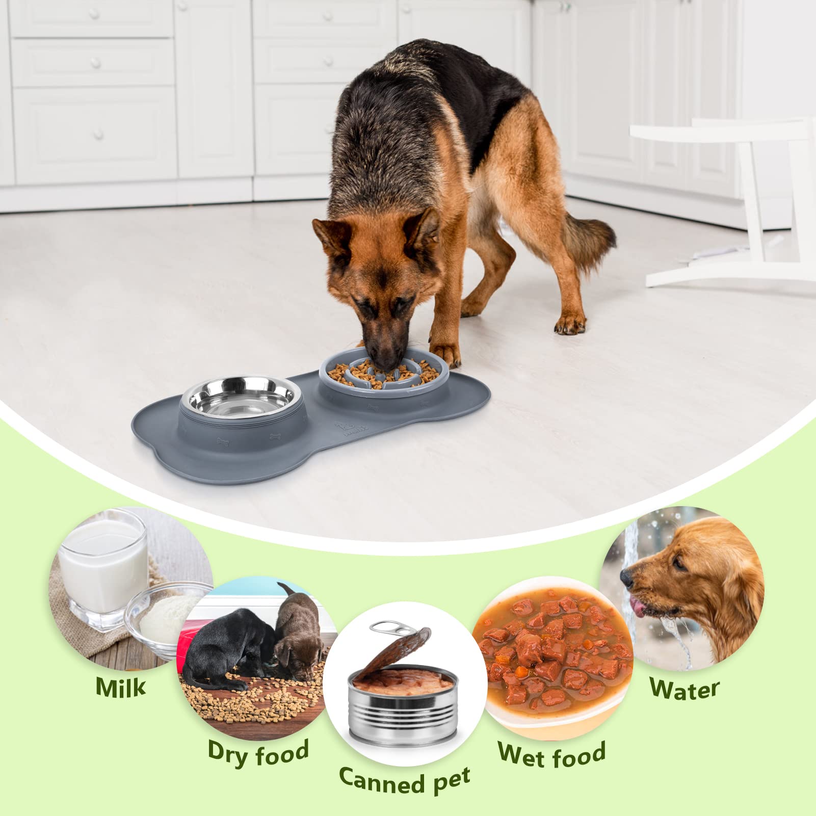 Pecute Slow Feeder Dog Bowls - Non-Spill Stainless Steel Pet Food & Water Bowl with Anti-Skid Silicone Mat | Food-Grade Safe for Fast Eaters | Perfect for Mealtime Anxiety & Digestive Health in Dogs & Cats