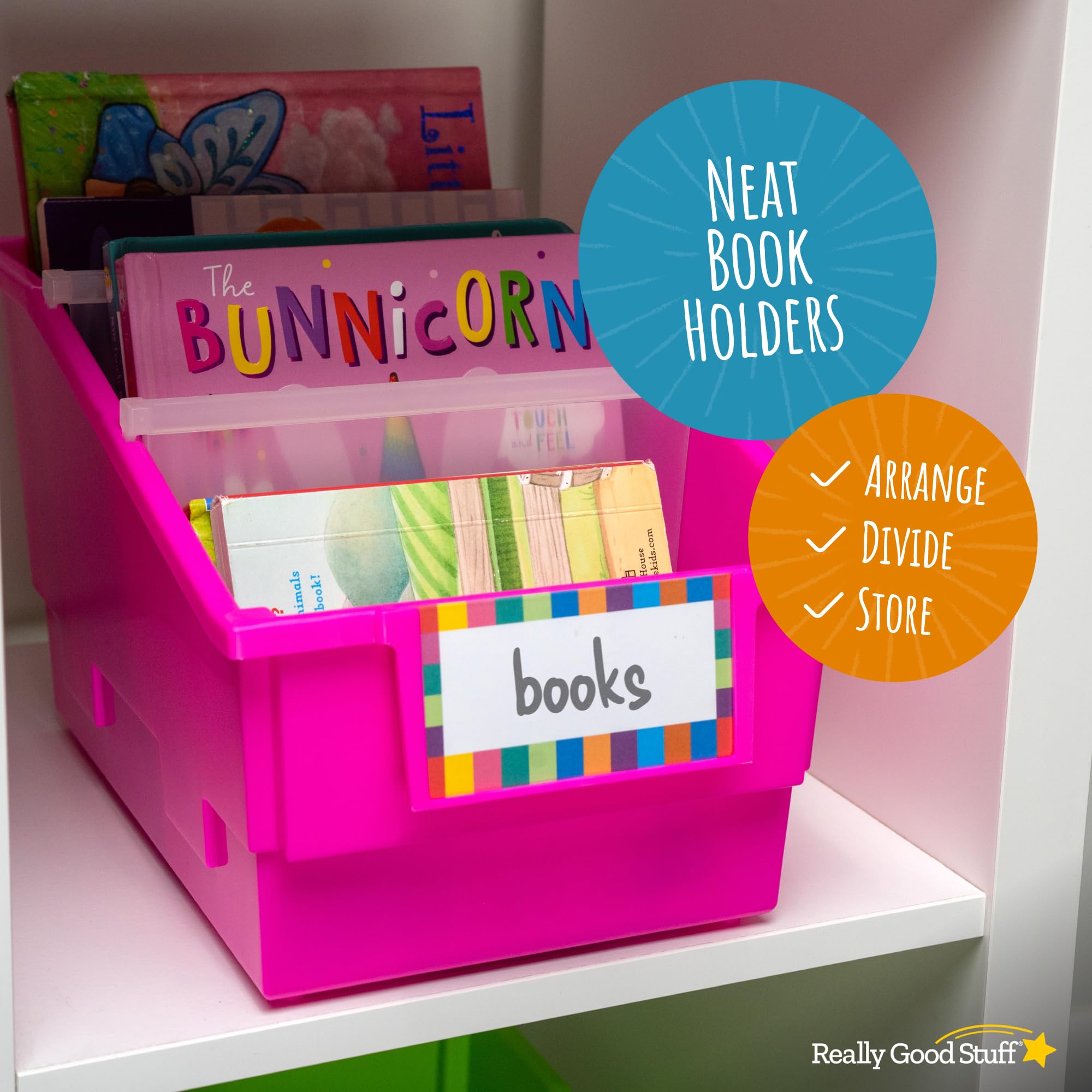 Really Good Stuff Chapter Book Library Bins with Dividers - 4 Pack Neon Plastic Shelf Organizer (8.75
