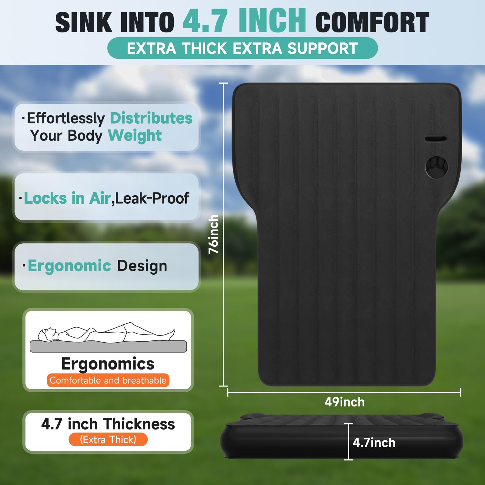 Tesla Model Y Air Mattress - Portable Inflatable SUV Mattress for Camping, Travel & Road Trips | Foldable with Built-in Air Pump & Storage Bag | Perfect for Tesla Model Y & SUV Adventures (Black)