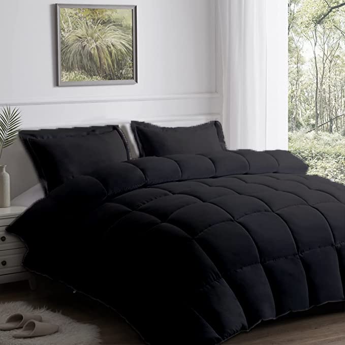 **3-Piece Oversized King Comforter Set - Farmhouse Style Bedding with Comforter & 2 Pillow Shams, Black - Perfect for Master Bedroom, Guest Room, or Cozy Farmhouse Decor**