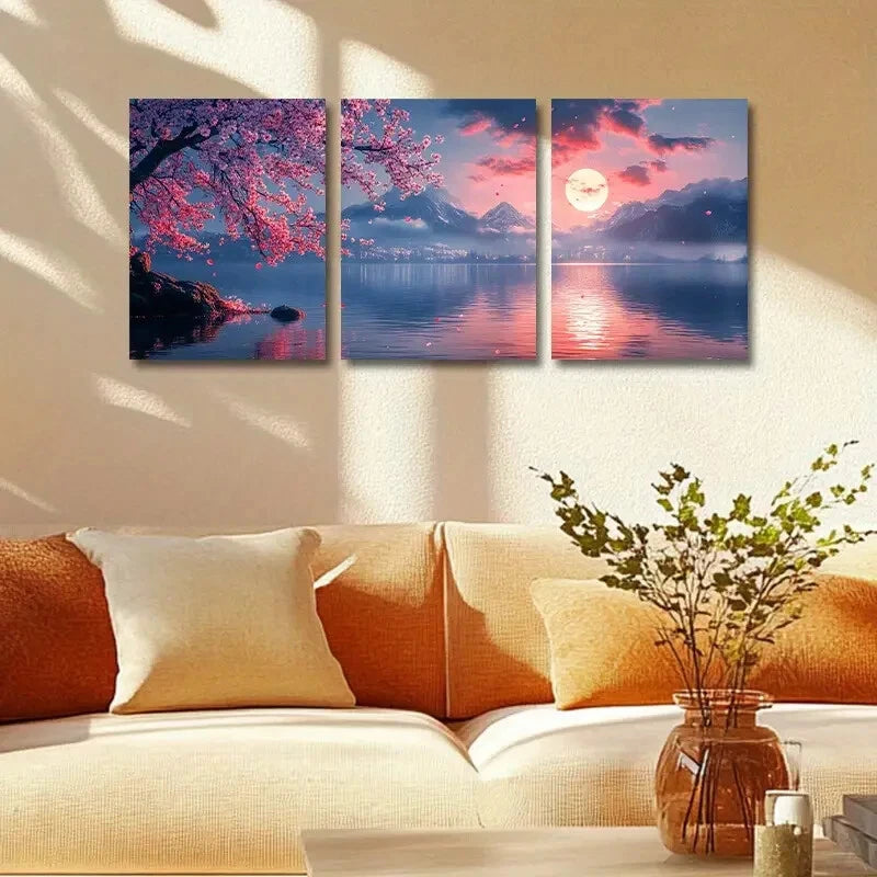 3-Piece Cherry Blossom, Moon & Mountain View Metal Wall Art Prints - Ready to Hang Home Decor for Living Room, Bedroom & Office