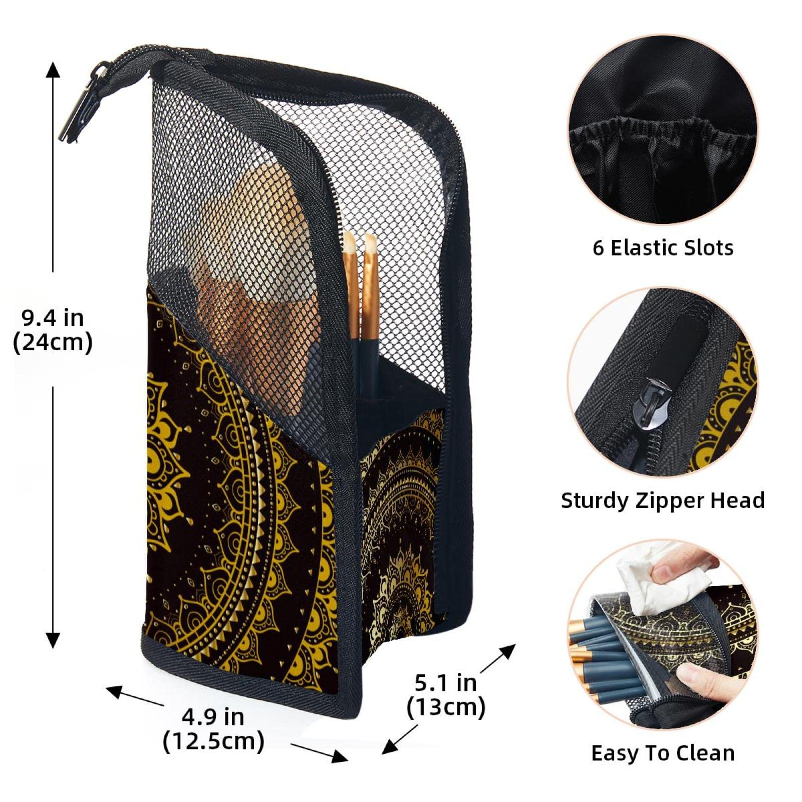 Golden Floral Mandala Makeup Brush Organizer Bag with 12 Brushes - Portable Cosmetic Brush Holder Case Set for Travel & Home Vanity Organization