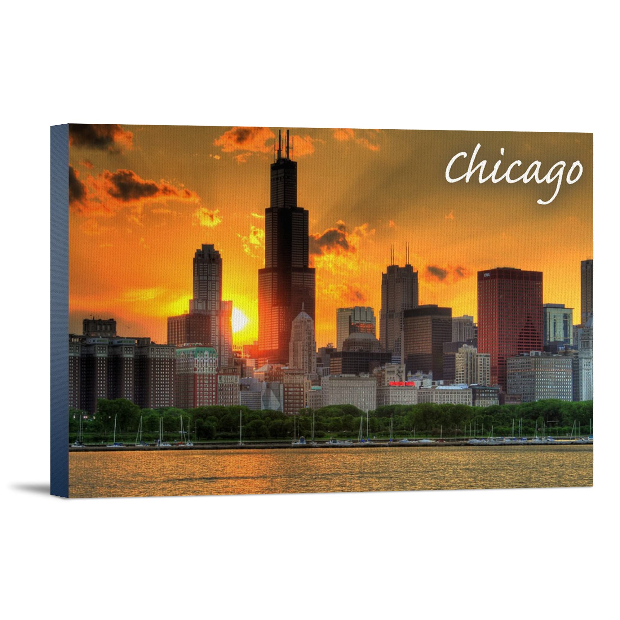 Lantern Press Chicago Illinois Skyline at Sunset - 16x24 Wrapped Canvas Wall Art for Home & Office Decor - Perfect for Living Room, Bedroom or Gift