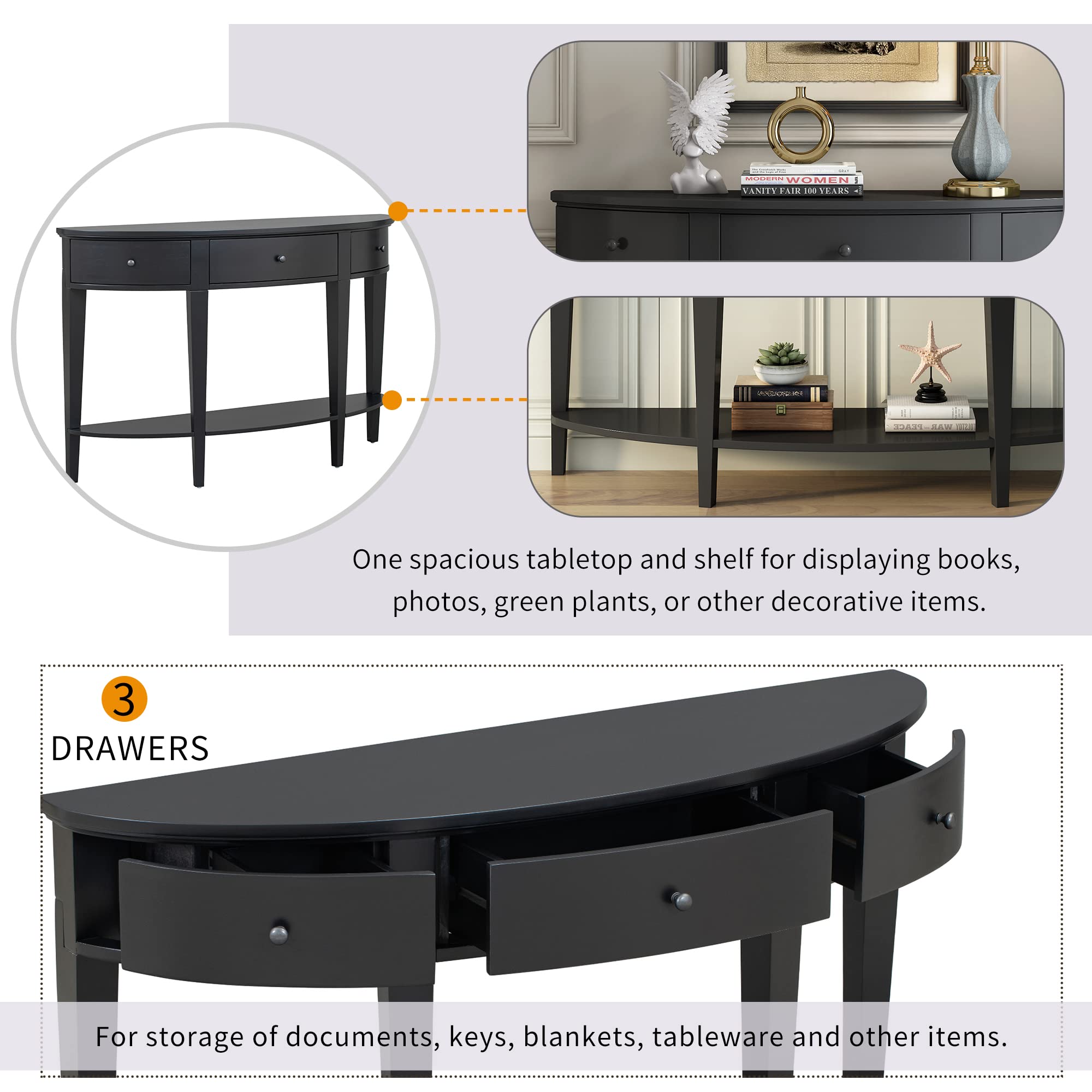 Modern Curved Console Table with Drawer - Solid Wood Entryway Table with Open Shelf for Hallway, Living Room & Foyer - Stylish Black Sofa Table for Home Decor & Small Space Organization