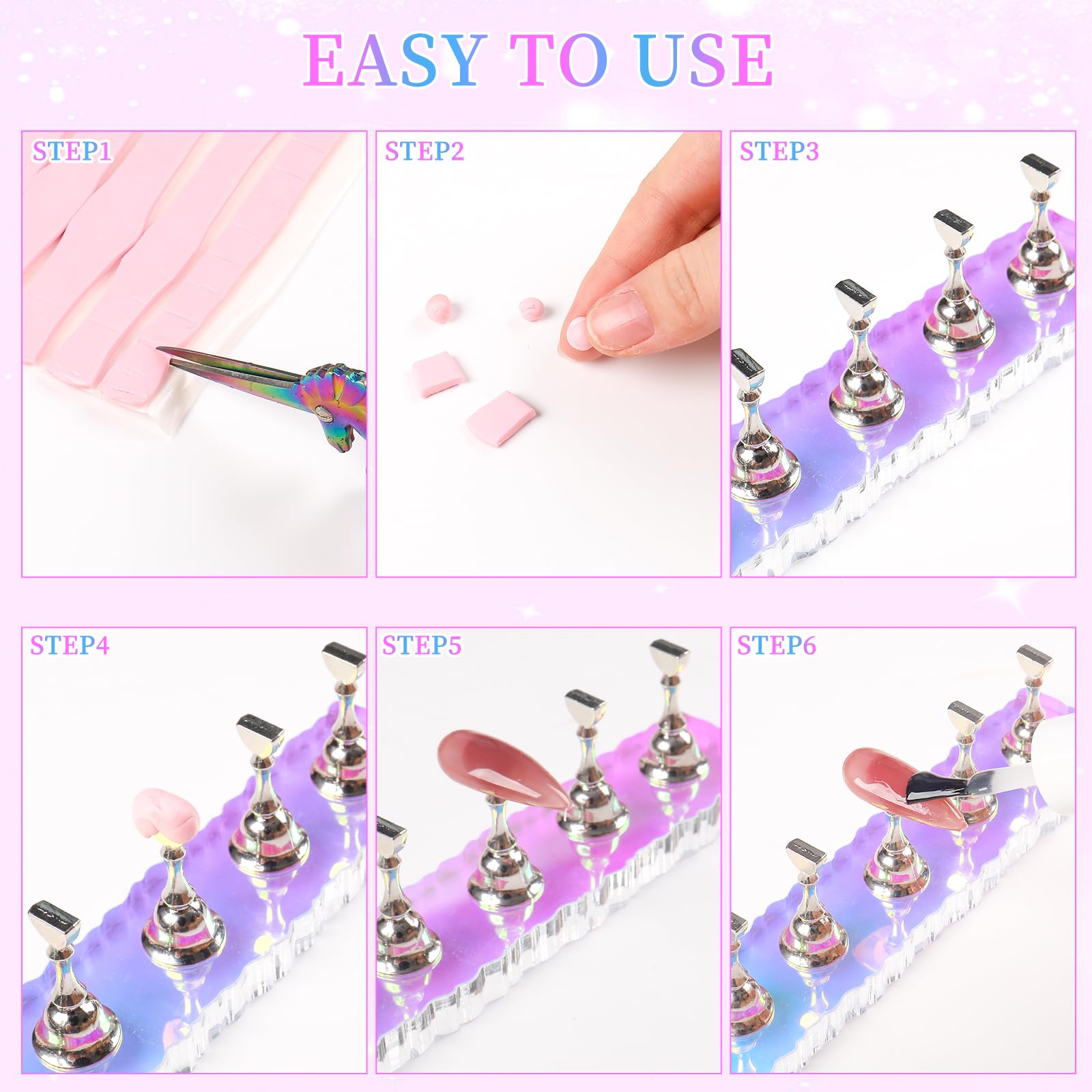 ANGNYA 2 Pack Magnetic Nail Stand Set with 96 Pcs Reusable Sticky Putty - Aurora Nail Holder for Press On & Hand Practice - Perfect for Nail Art, Home Salon & Professional Use
